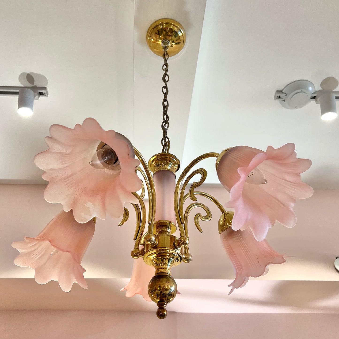 Vintage Pink Murano Glass Style Flower Shade Chandelier