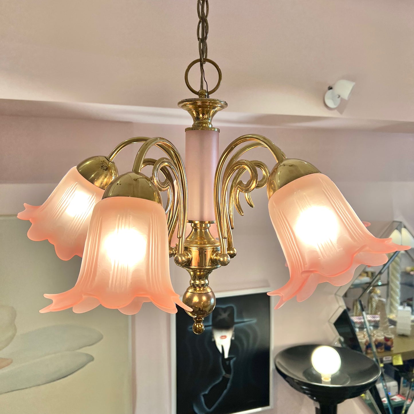 Vintage Pink Murano Glass Style Flower Shade Chandelier