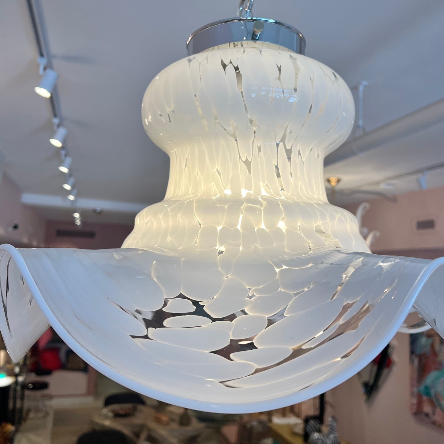 Vintage Carlo Nason Style Murano Glass White Frosted Pendant Chandelier