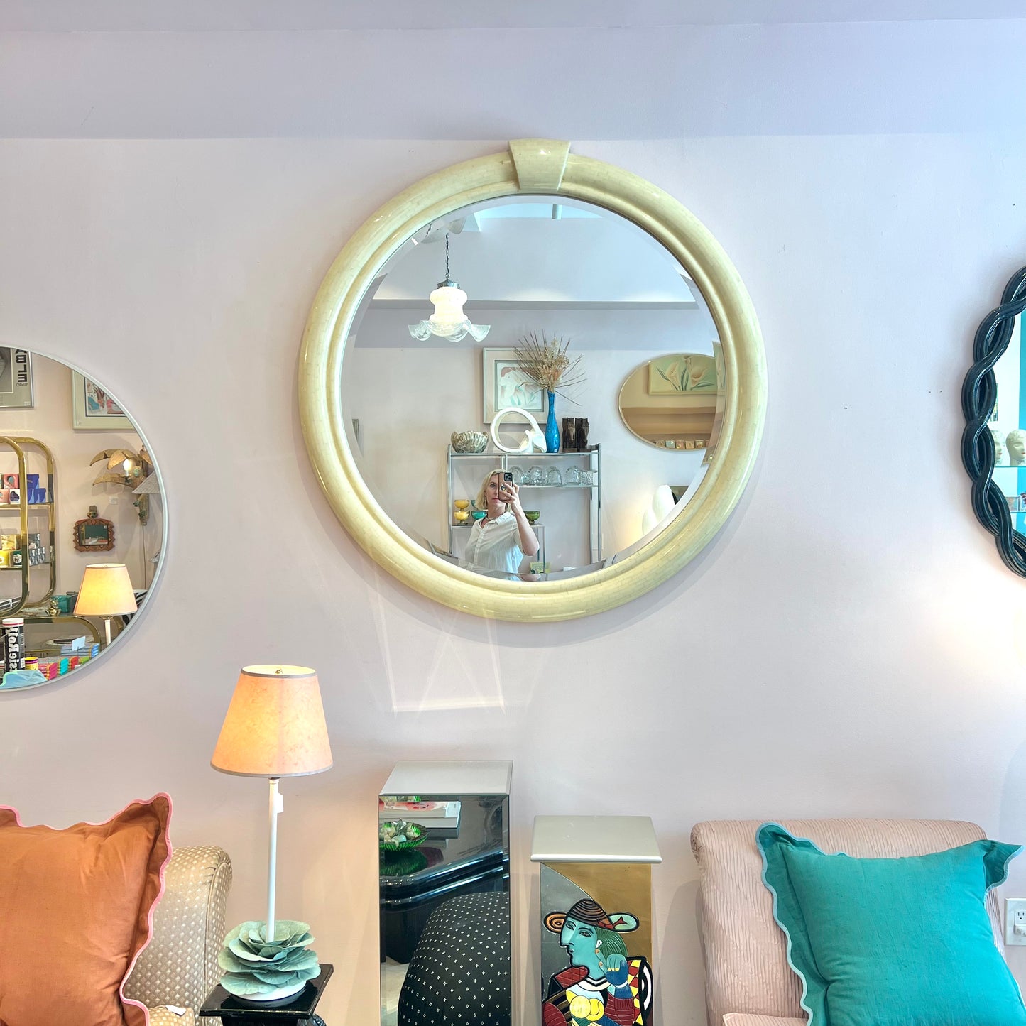 Vintage Extra Large Circular Tessellated Bone Mirror by Enrique Garcel