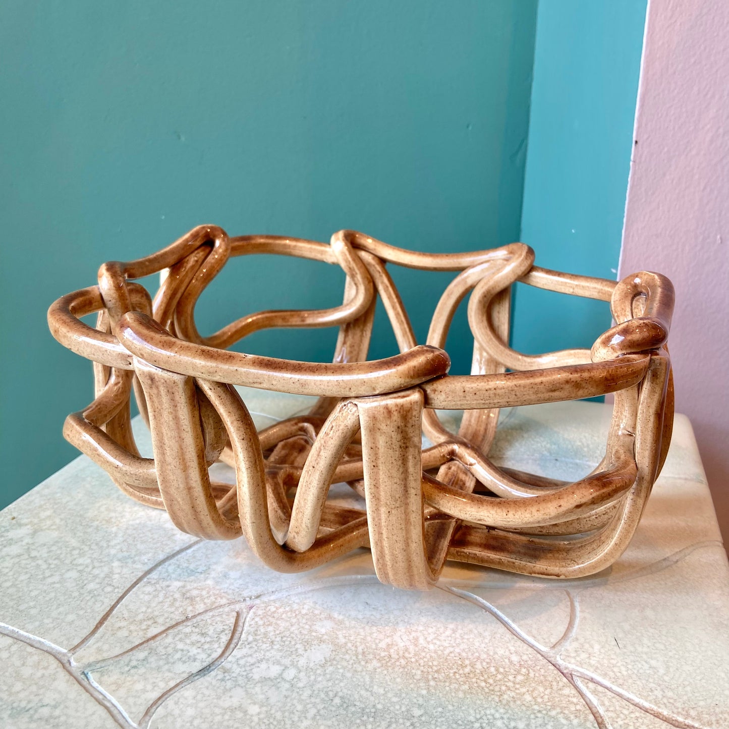 Vintage Ceramic Woven Basket Bowl