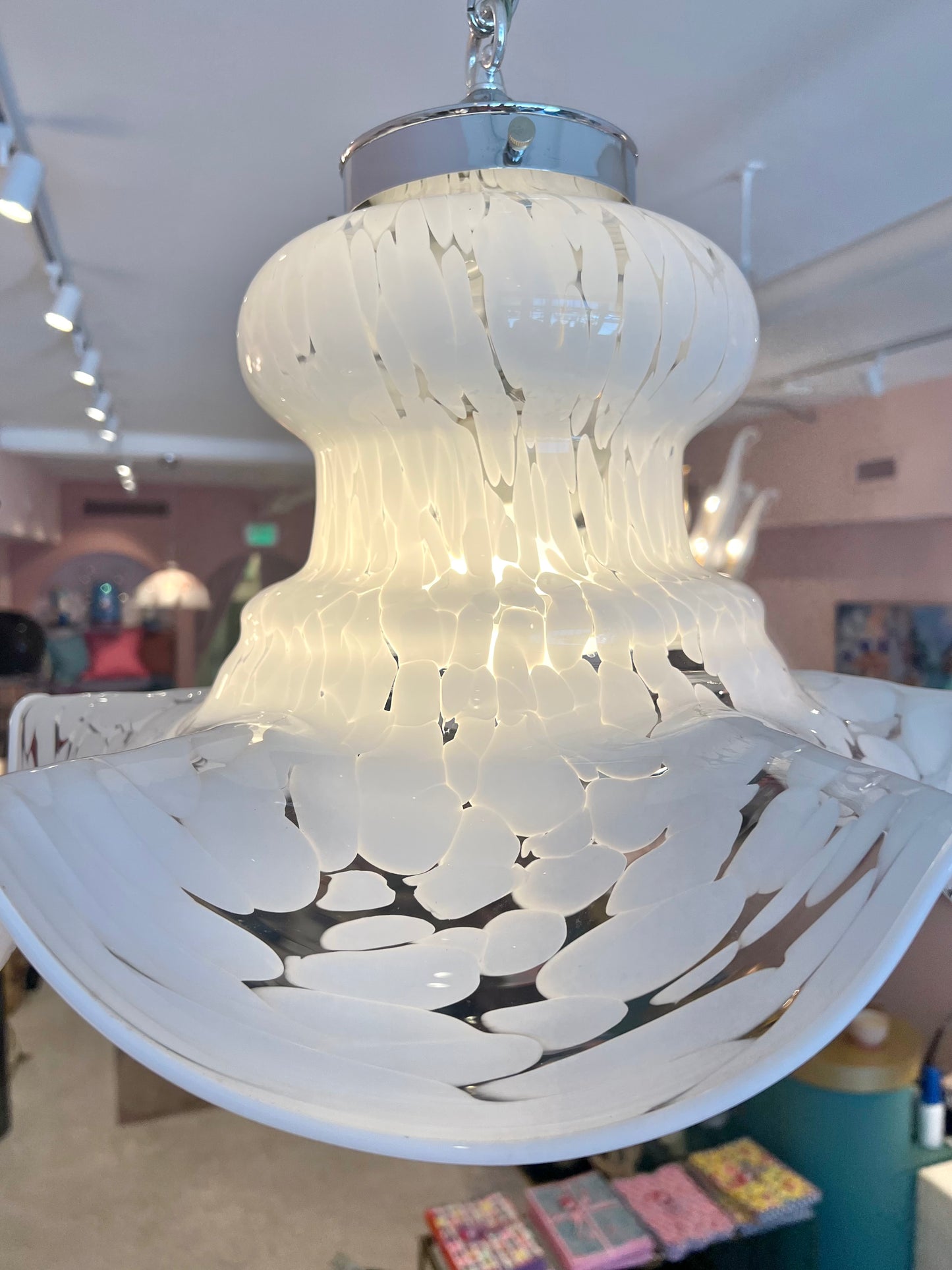 Vintage Carlo Nason Style Murano Glass White Frosted Pendant Chandelier