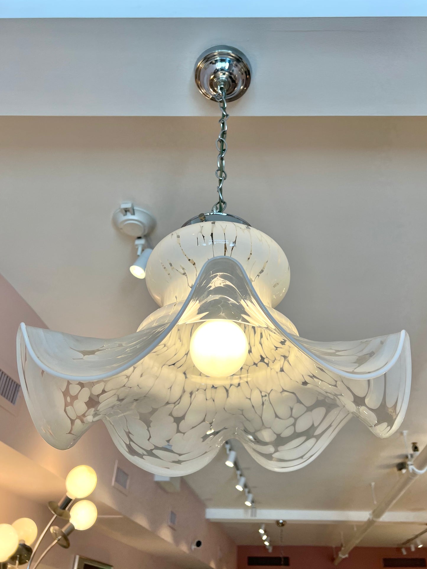 Vintage Carlo Nason Style Murano Glass White Frosted Pendant Chandelier