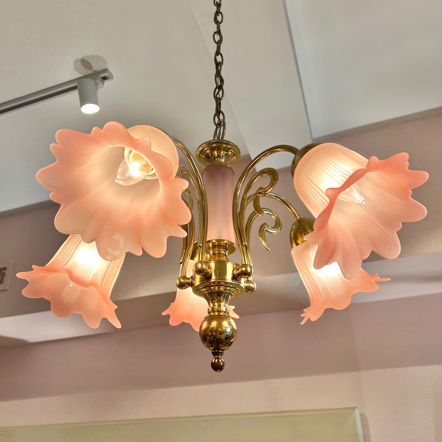 Vintage Pink Murano Glass Style Flower Shade Chandelier