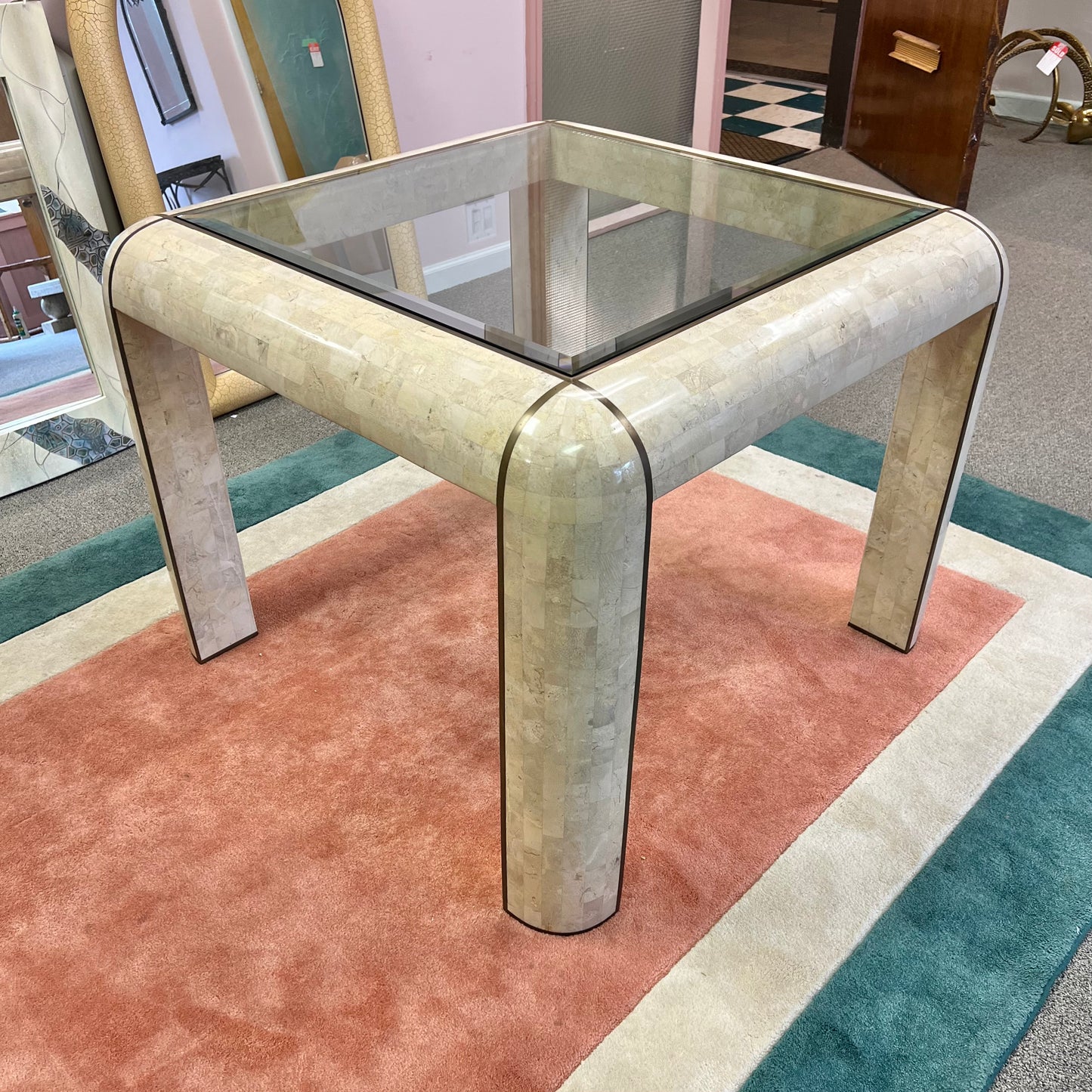 Vintage Tessellated Stone, Glass and Brass Inlay Square Dining Table