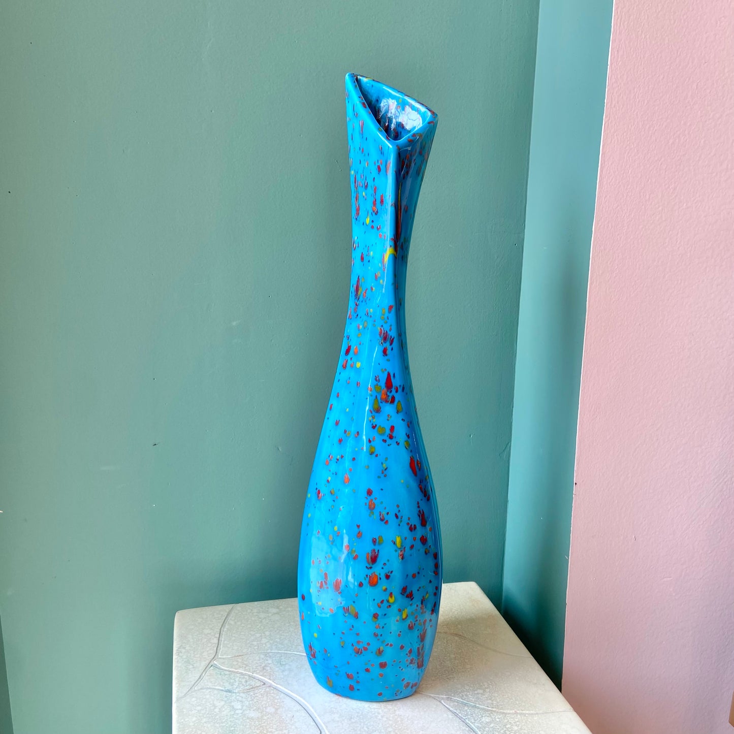 Vintage Tall Blue Speckled Ceramic Vase