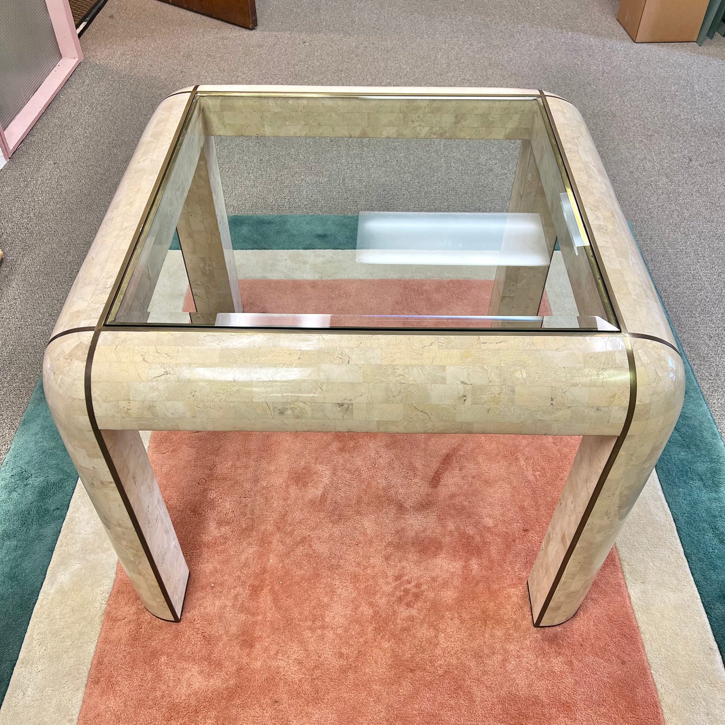 Vintage Tessellated Stone, Glass and Brass Inlay Square Dining Table