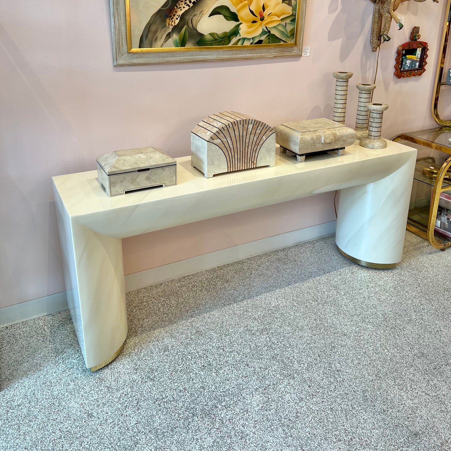 Vintage Karl Springer Style Lacquer Demilune Footed Console Table