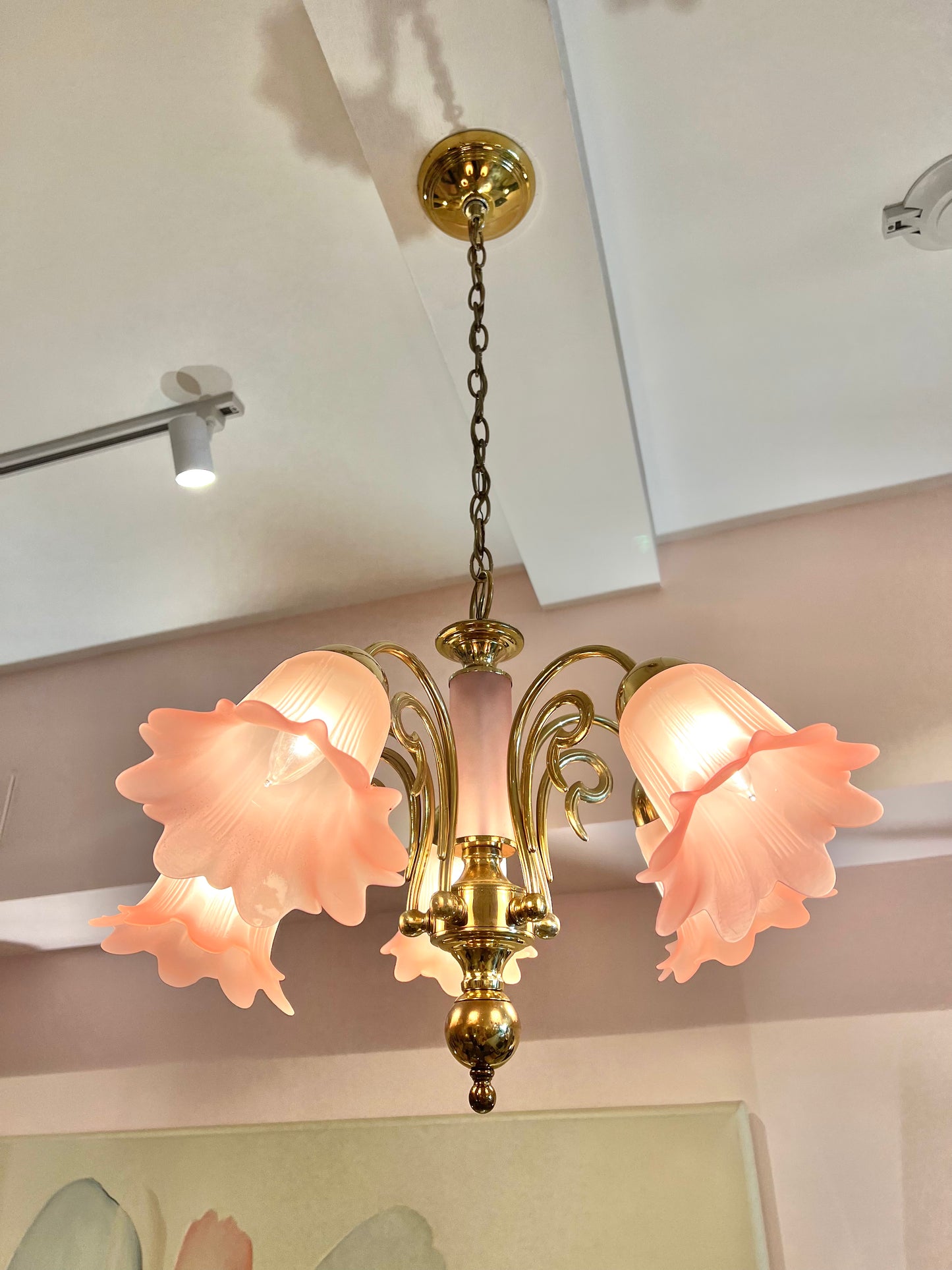 Vintage Pink Murano Glass Style Flower Shade Chandelier
