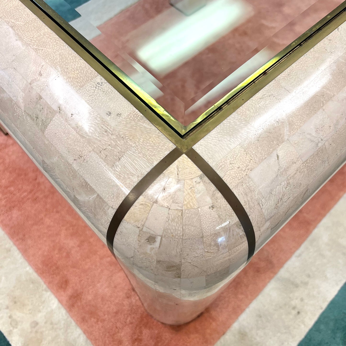 Vintage Tessellated Stone, Glass and Brass Inlay Square Dining Table