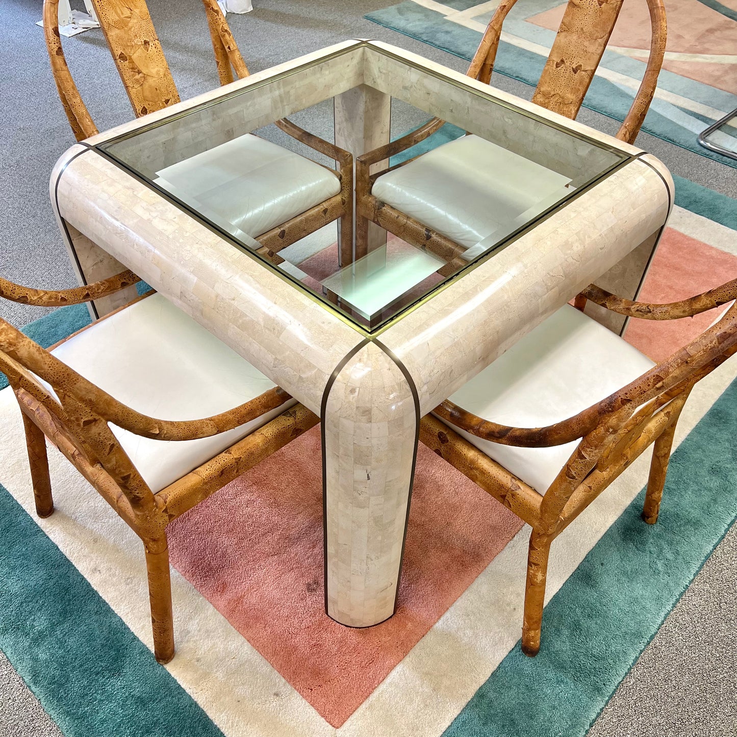 Vintage Tessellated Stone, Glass and Brass Inlay Square Dining Table