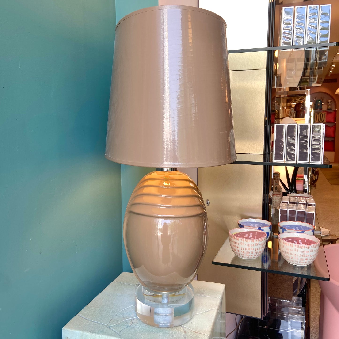 Vintage Art Deco Style Taupe Ceramic and Lucite Table Lamp