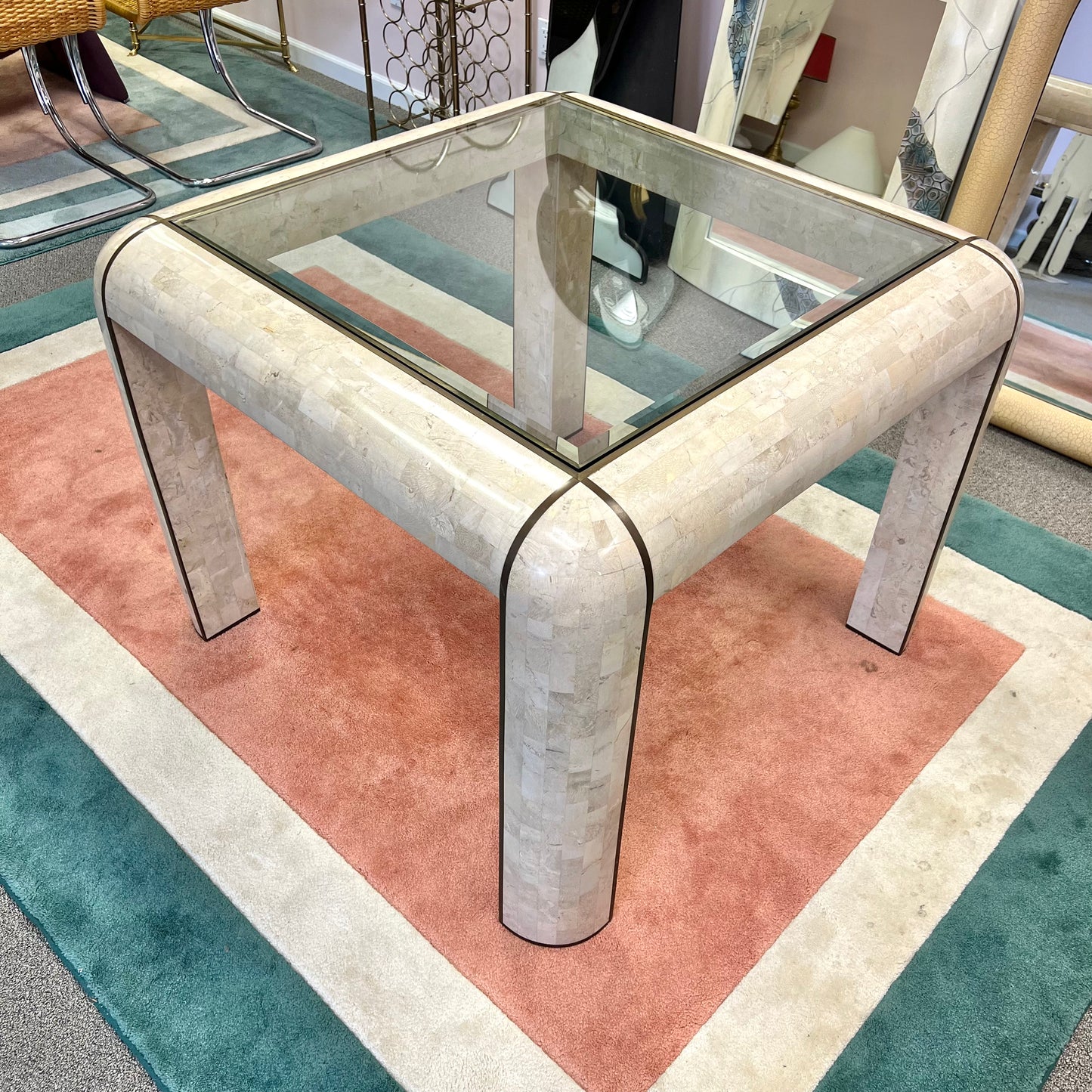 Vintage Tessellated Stone, Glass and Brass Inlay Square Dining Table