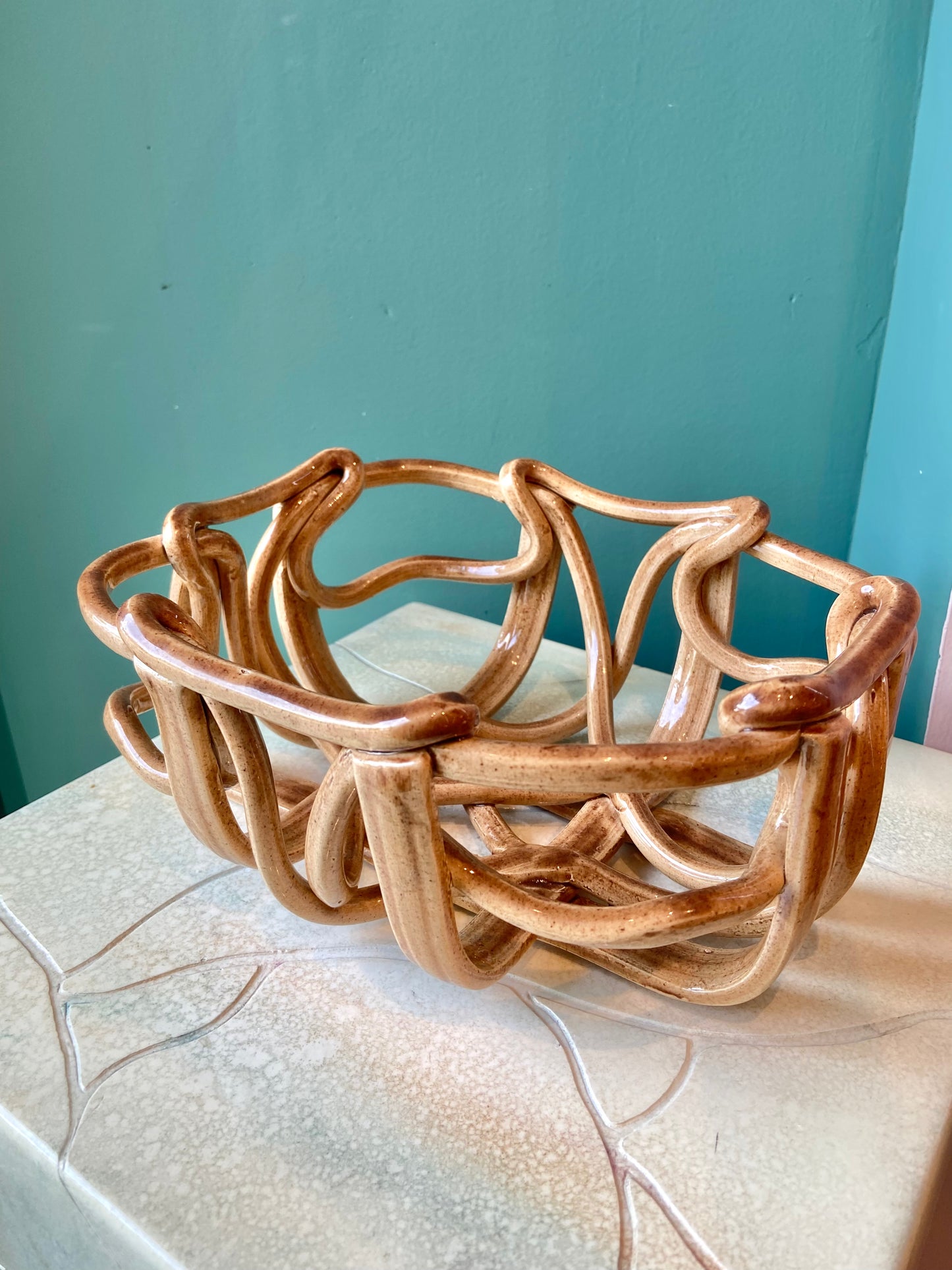 Vintage Ceramic Woven Basket Bowl