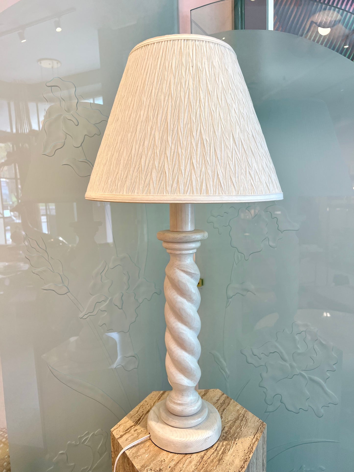 Vintage Spiral Base White Washed Wooden Lamp