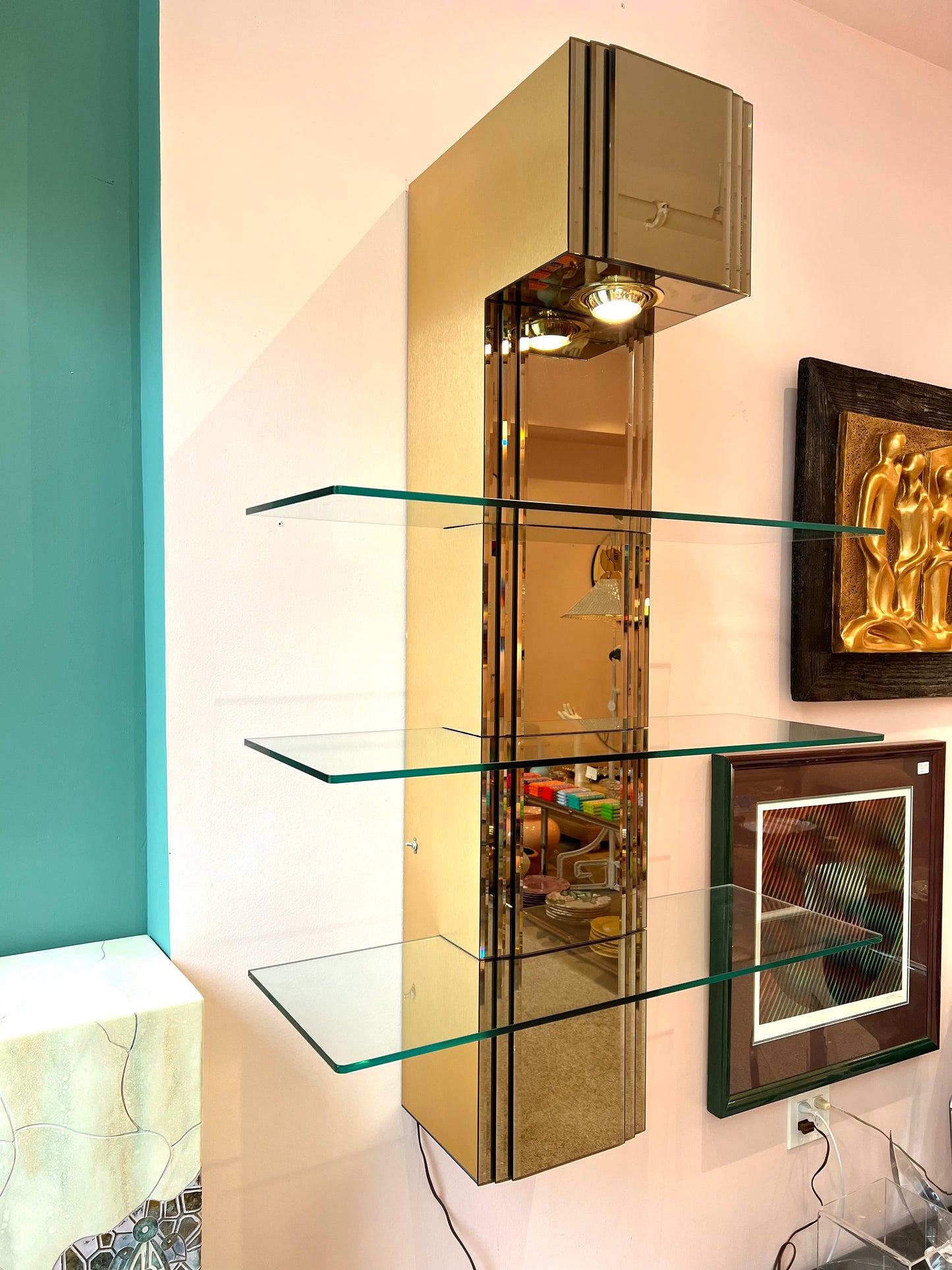 Vintage Paul Evans Style Bronze Mirrored Light Up Floating Shelves