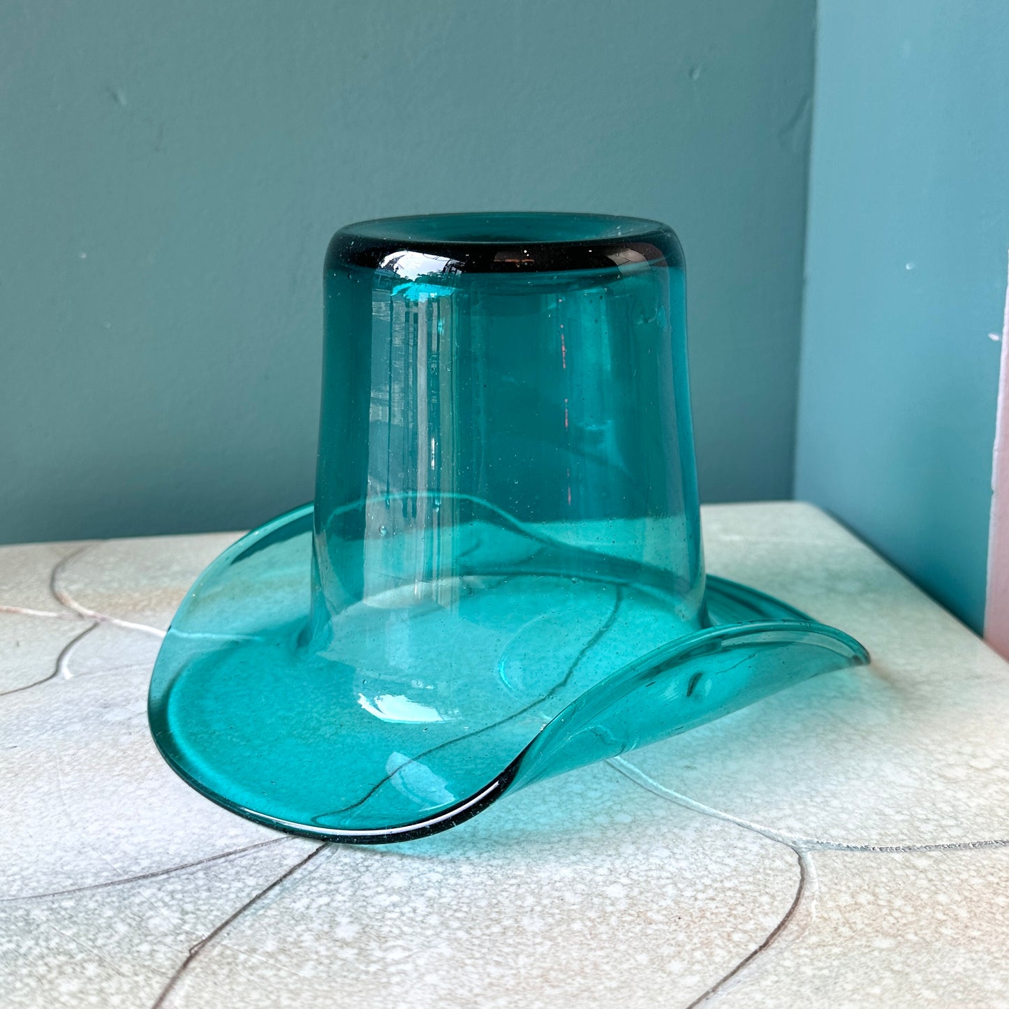 Vintage Fenton Style Teal Colored Glass Top Hat Vase