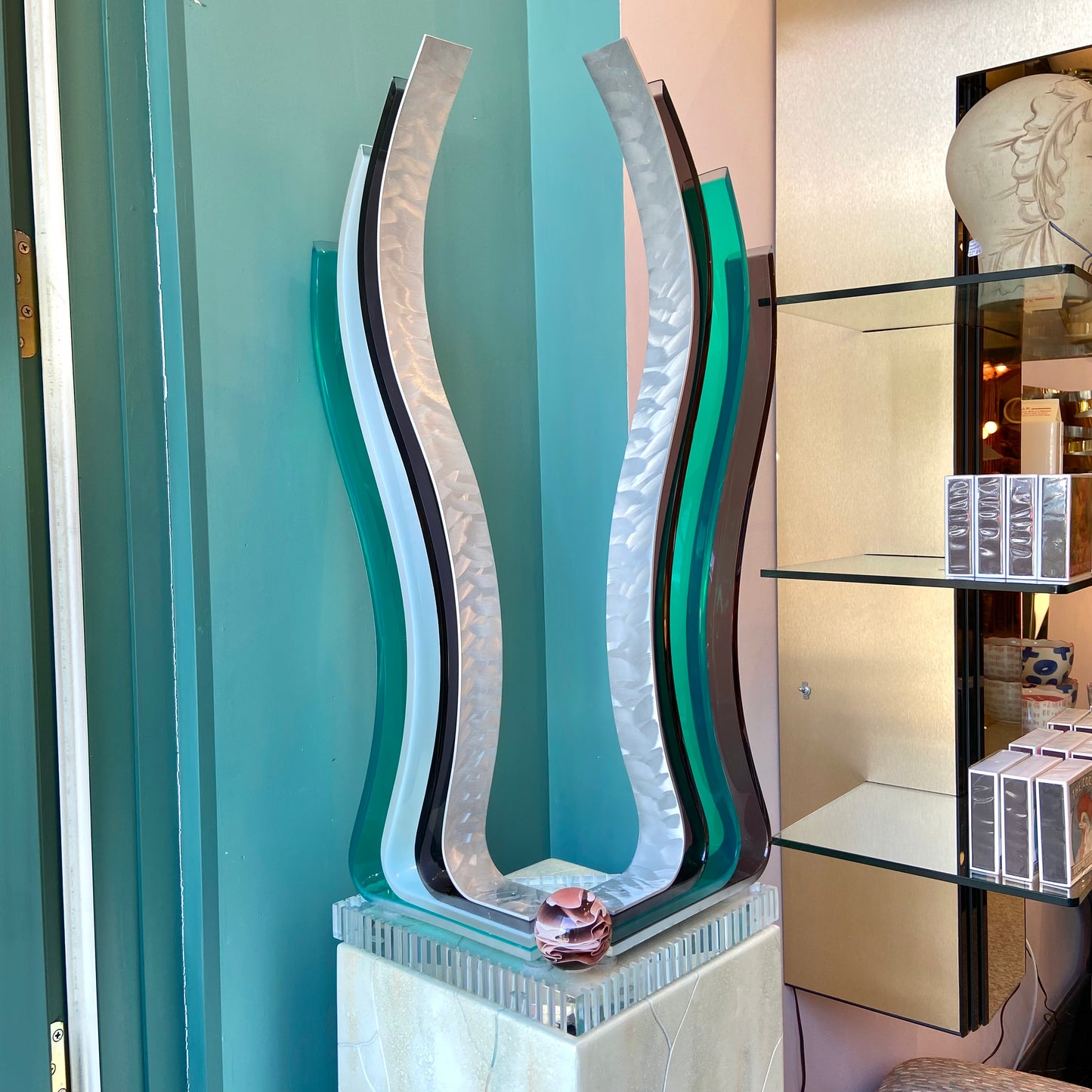 Vintage Abstract Lucite and Steel Art Sculpture by Haziza