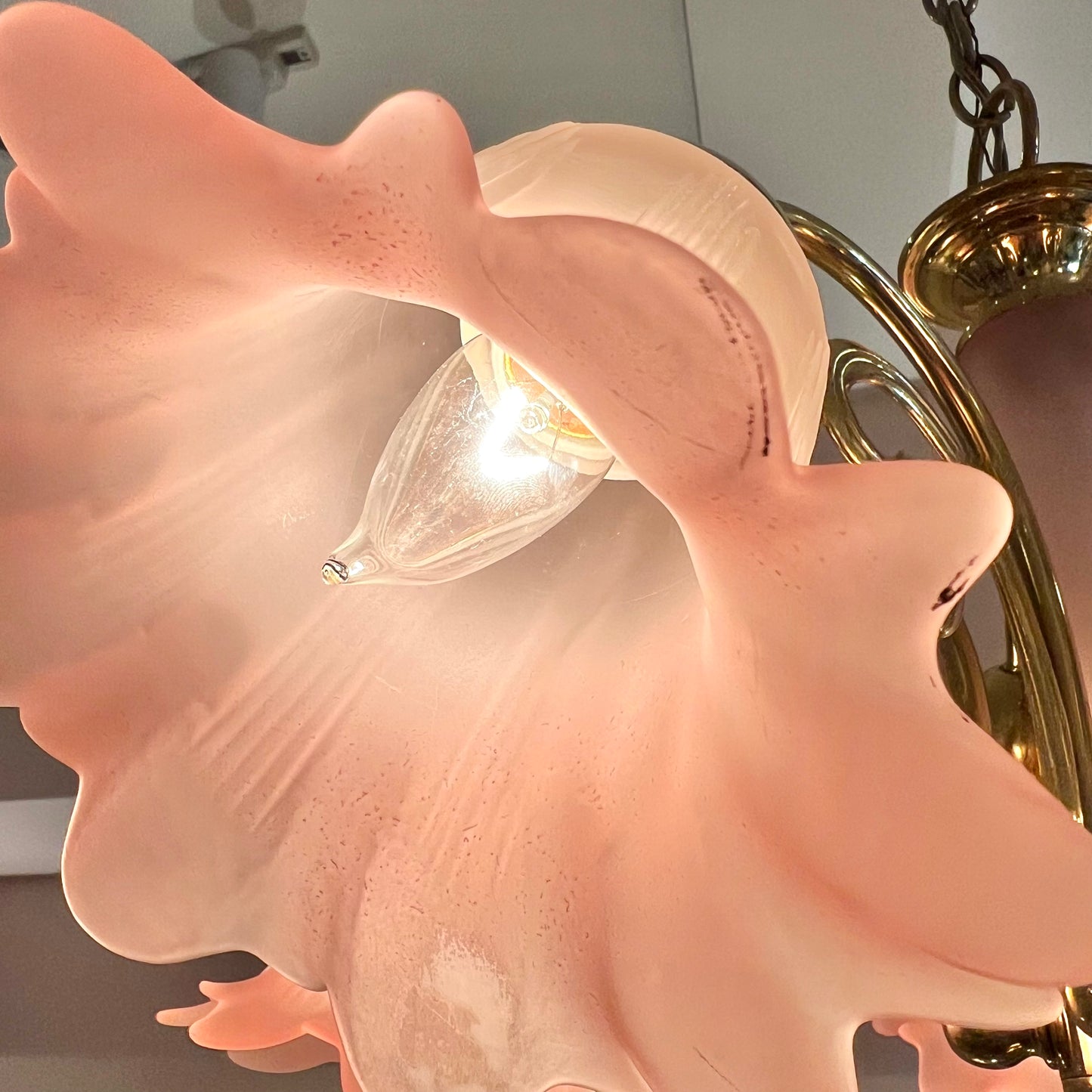 Vintage Pink Murano Glass Style Flower Shade Chandelier