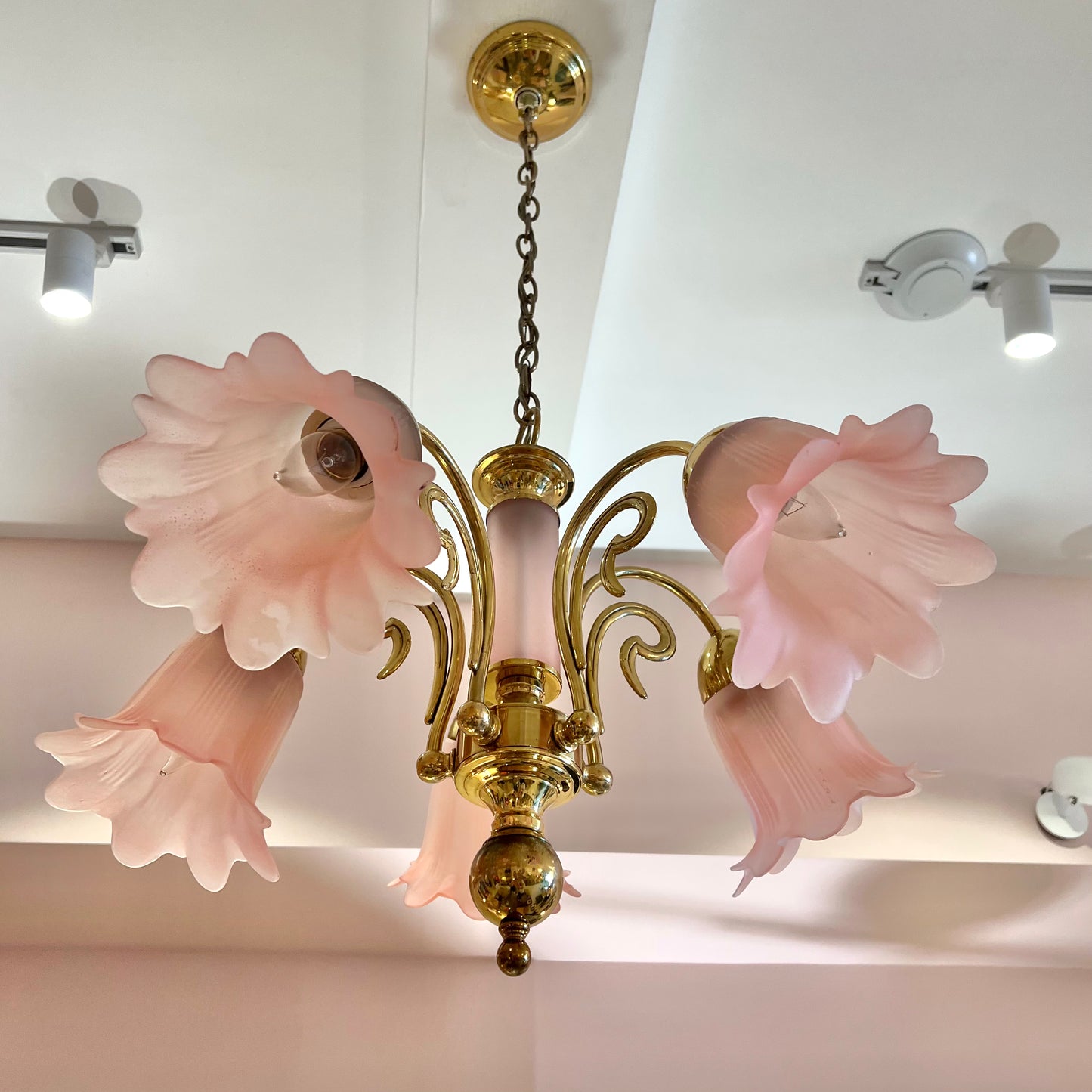 Vintage Pink Murano Glass Style Flower Shade Chandelier