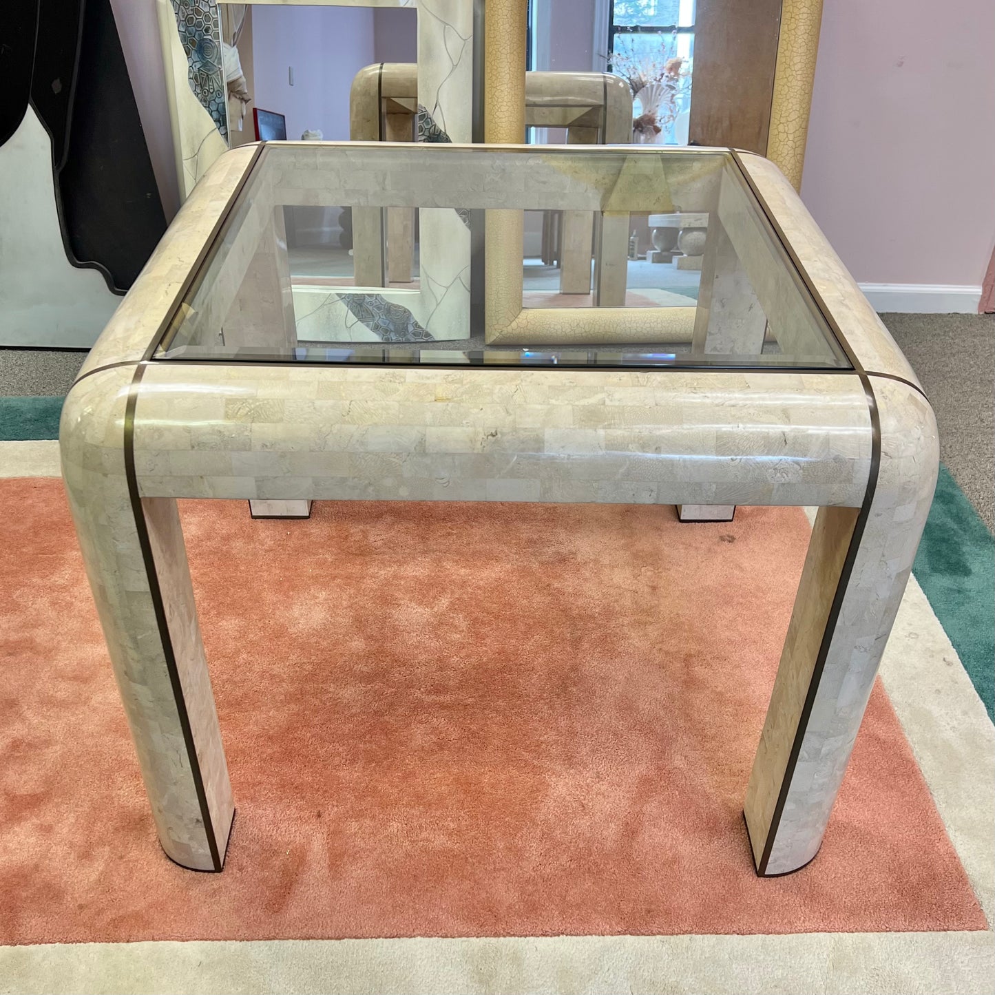 Vintage Tessellated Stone, Glass and Brass Inlay Square Dining Table