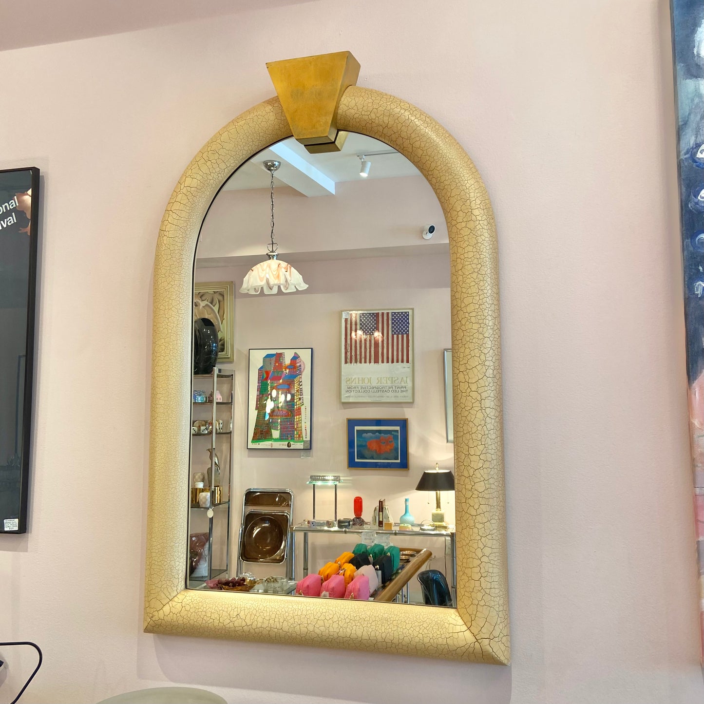 Large Vintage Karl Springer Style Crackle Paint and Gold Leaf Mirror