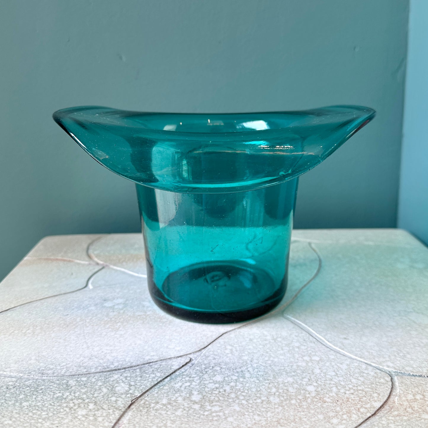 Vintage Fenton Style Teal Colored Glass Top Hat Vase