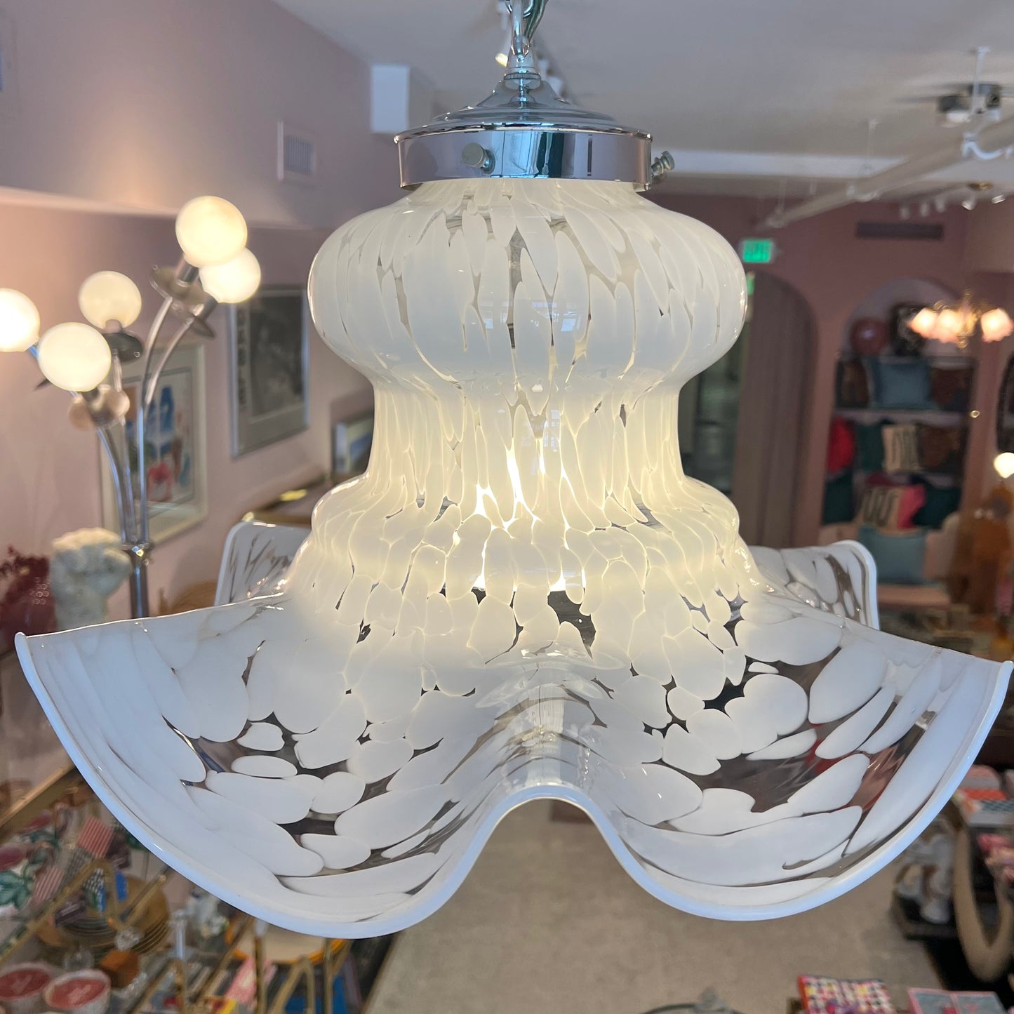 Vintage Carlo Nason Style Murano Glass White Frosted Pendant Chandelier