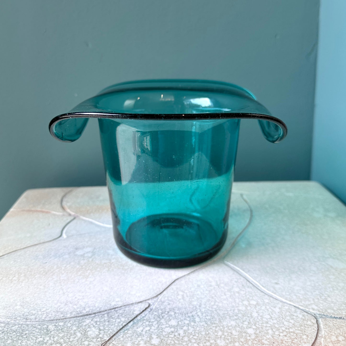 Vintage Fenton Style Teal Colored Glass Top Hat Vase