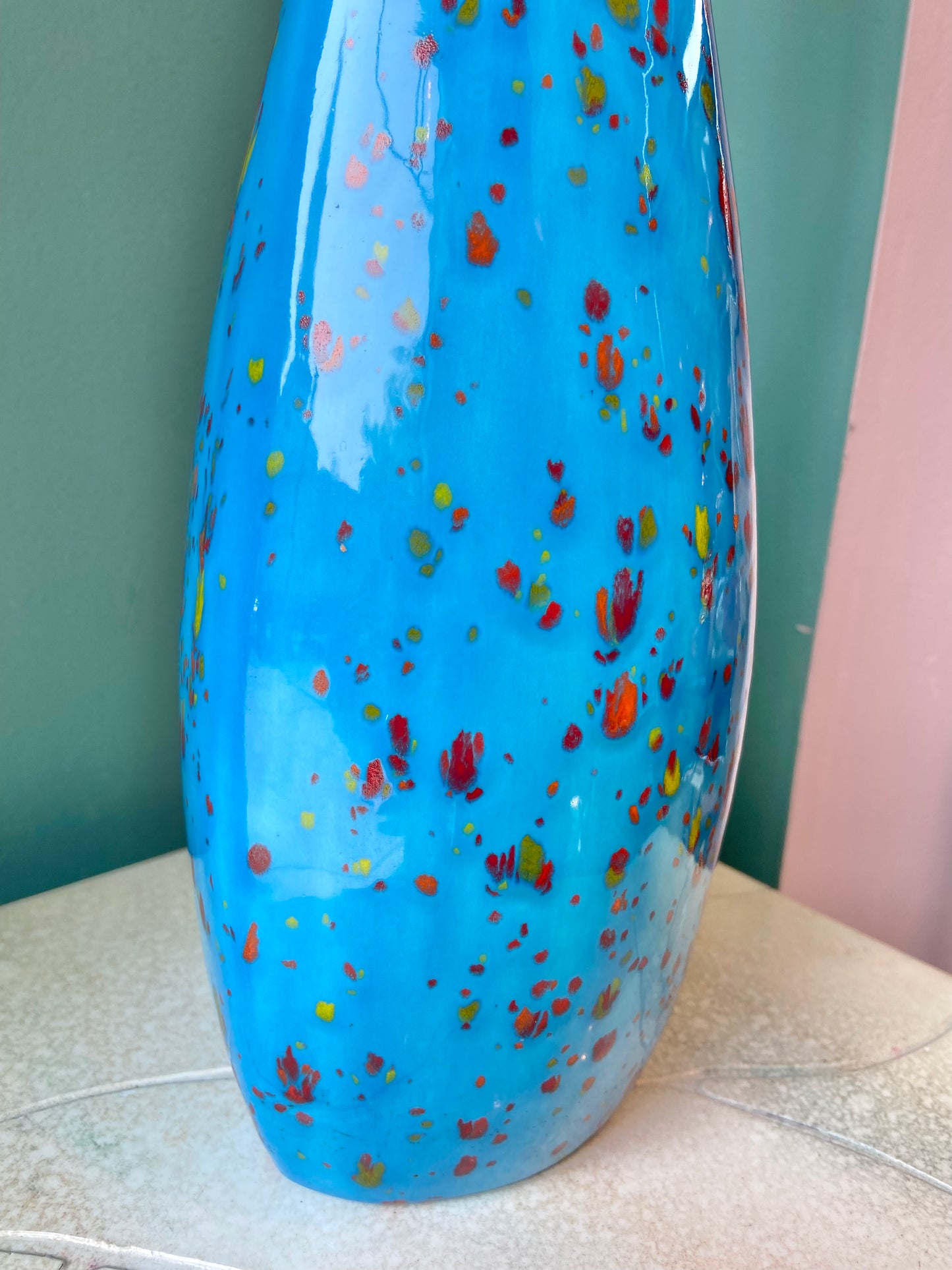 Vintage Tall Blue Speckled Ceramic Vase