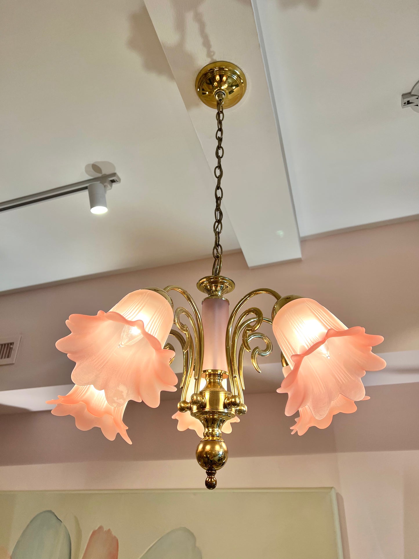Vintage Pink Murano Glass Style Flower Shade Chandelier