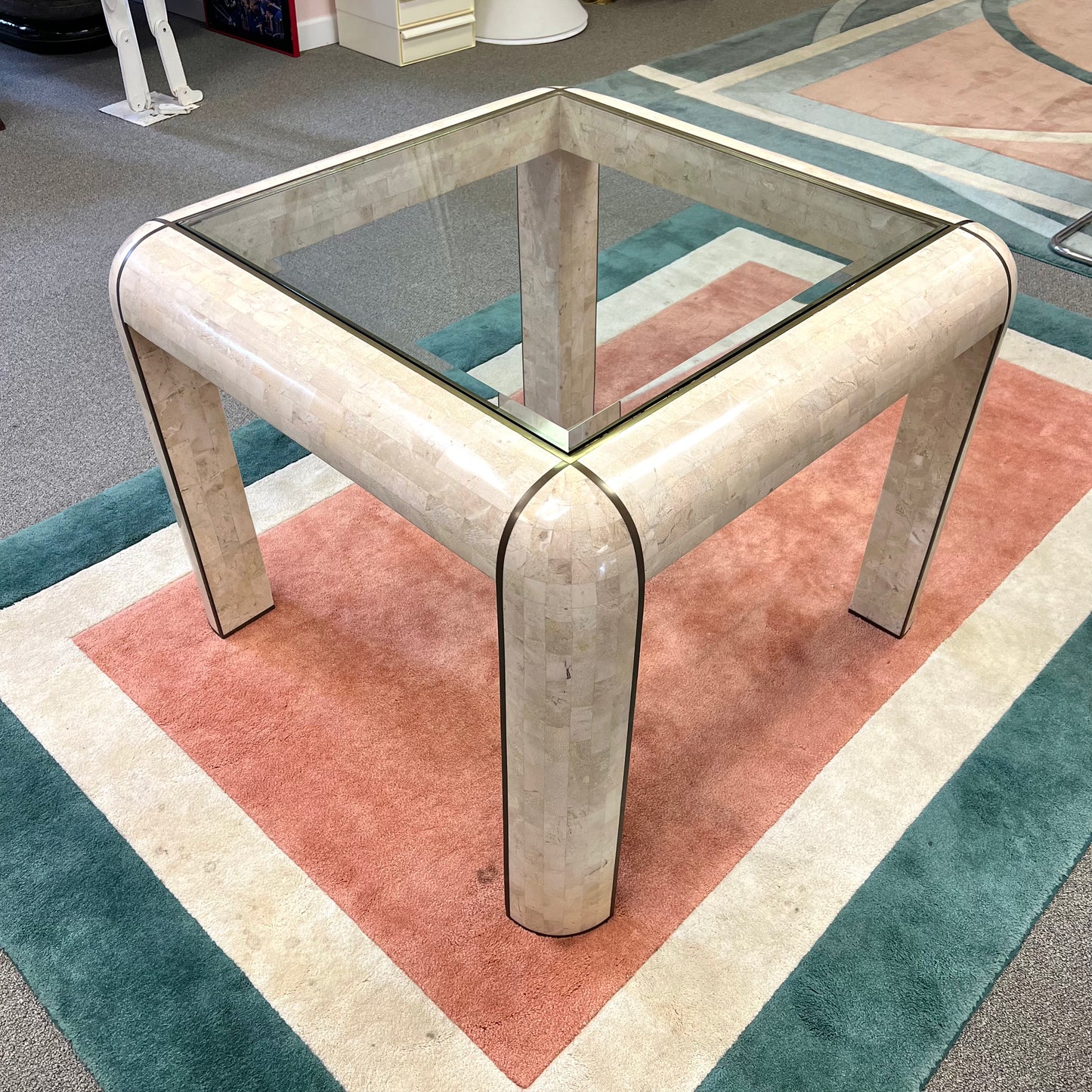 Vintage Tessellated Stone, Glass and Brass Inlay Square Dining Table