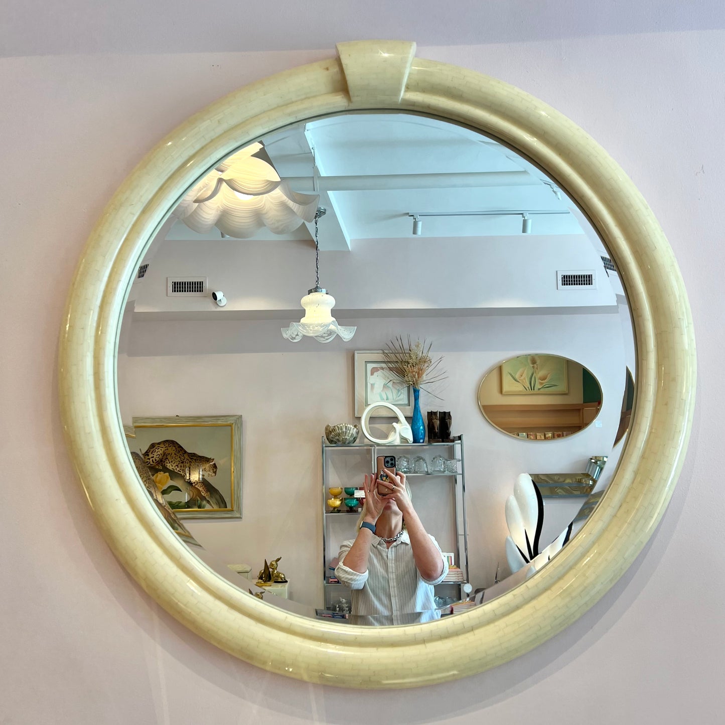 Vintage Extra Large Circular Tessellated Bone Mirror by Enrique Garcel