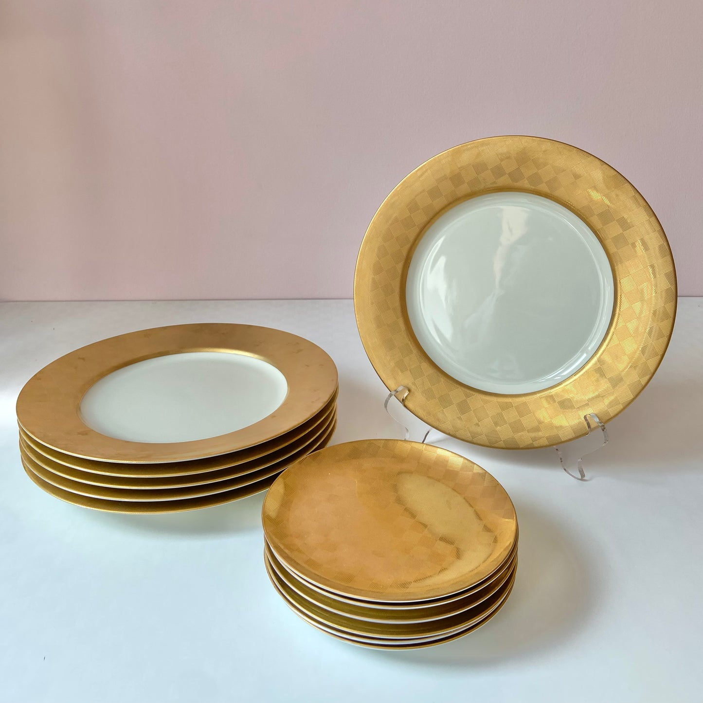 Vintage Fitz and Floyd Carre D'Or Gold Checkered Porcelain Dinner and Salad Plates - 12pc