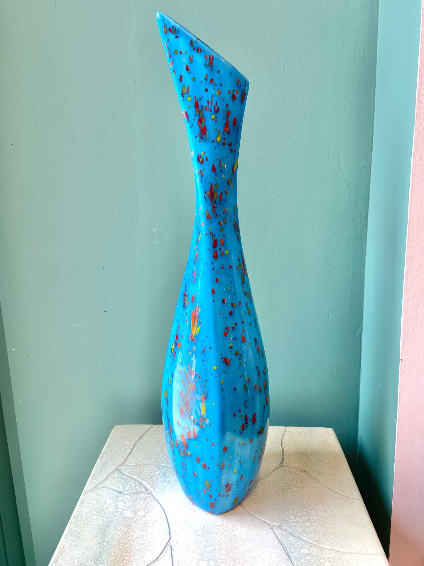 Vintage Tall Blue Speckled Ceramic Vase
