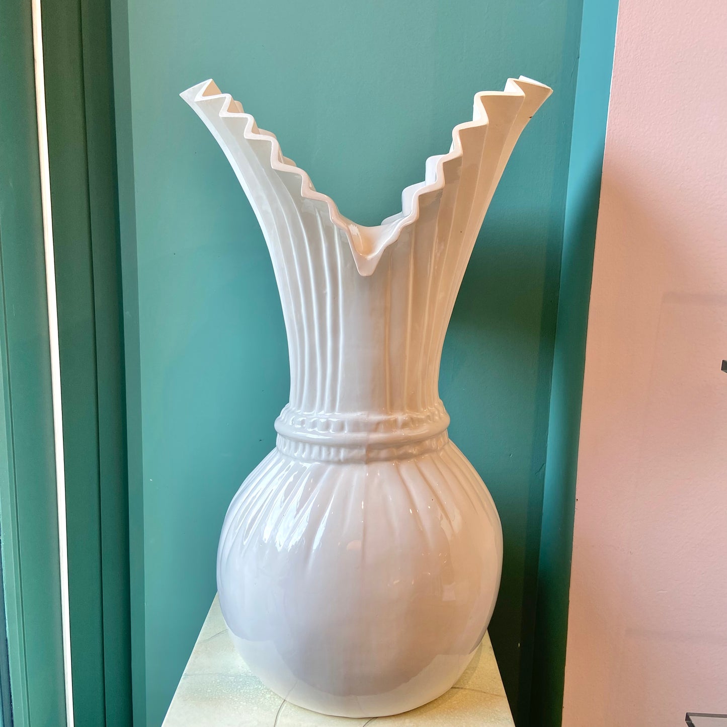 Large Vintage White Ceramic Fan Vase