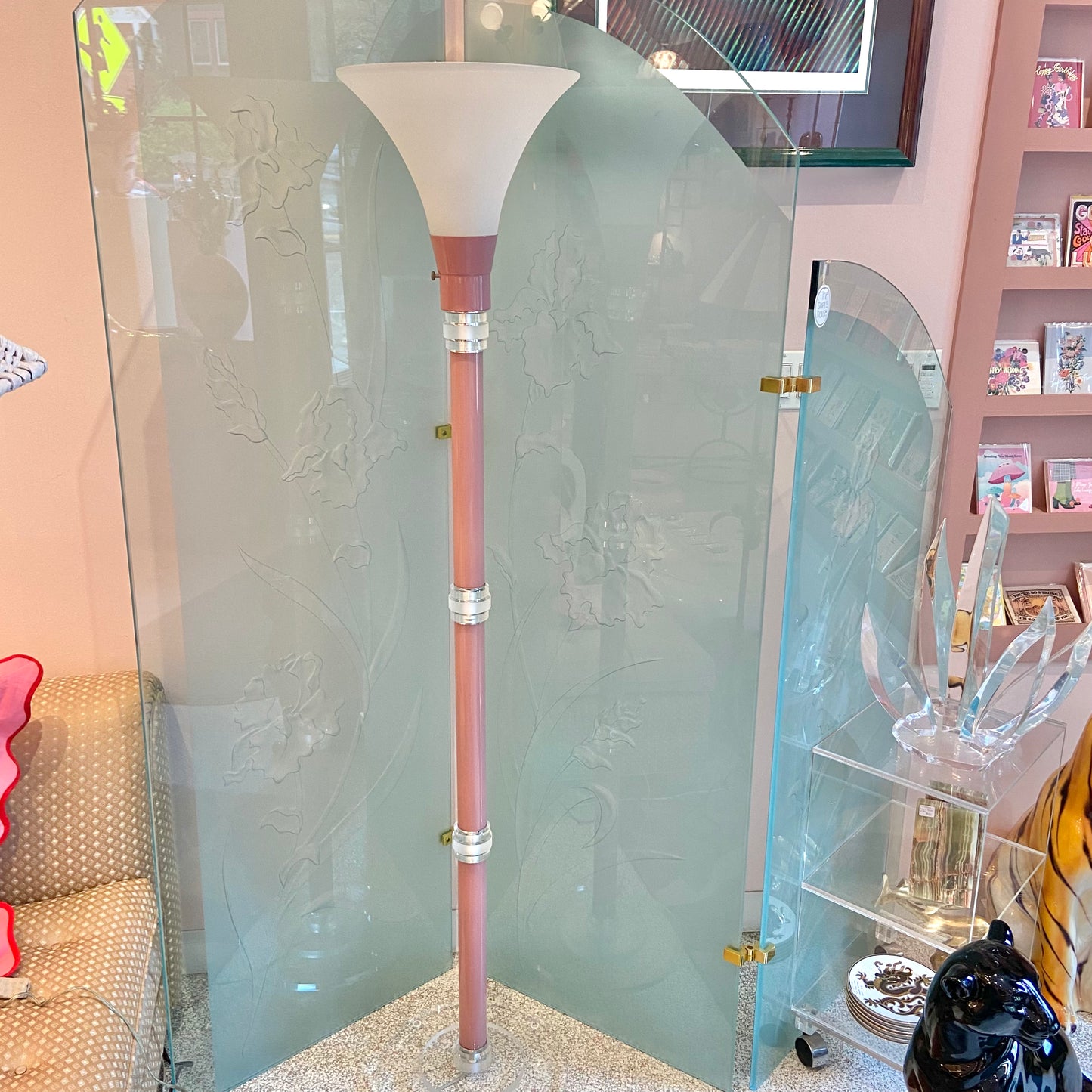 1980’s Pink Stacked Lucite Torchiere Floor Lamp/item