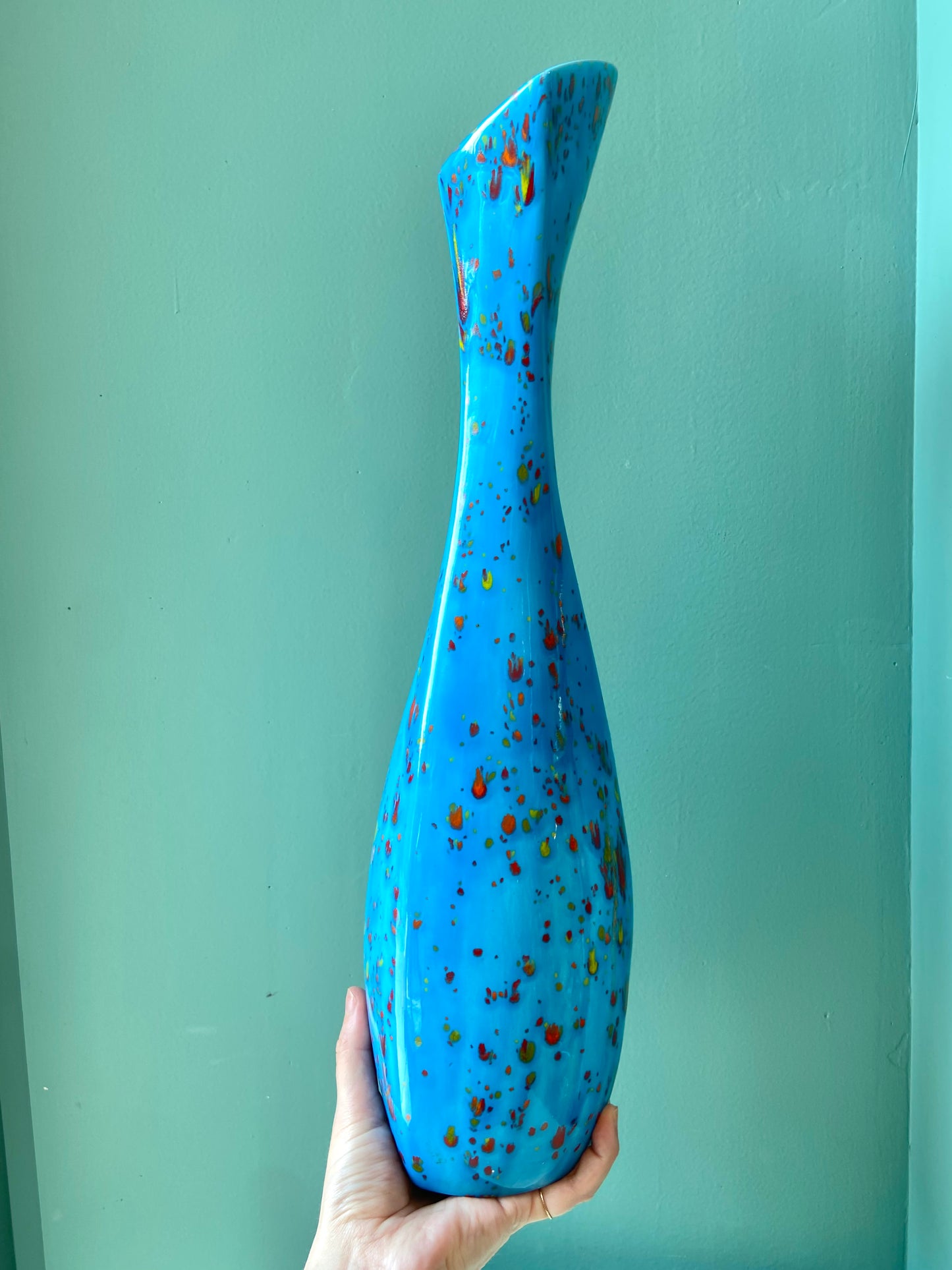 Vintage Tall Blue Speckled Ceramic Vase