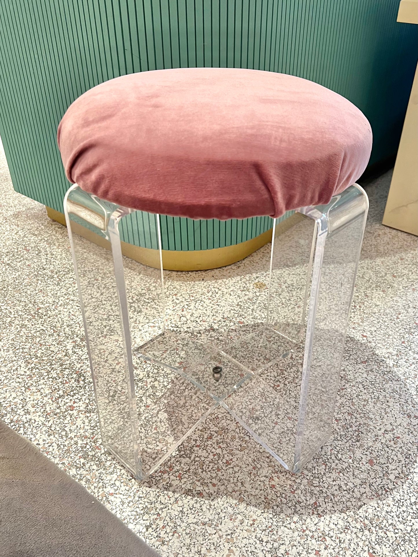 Vintage Lucite and Pink Velvet Vanity Stool
