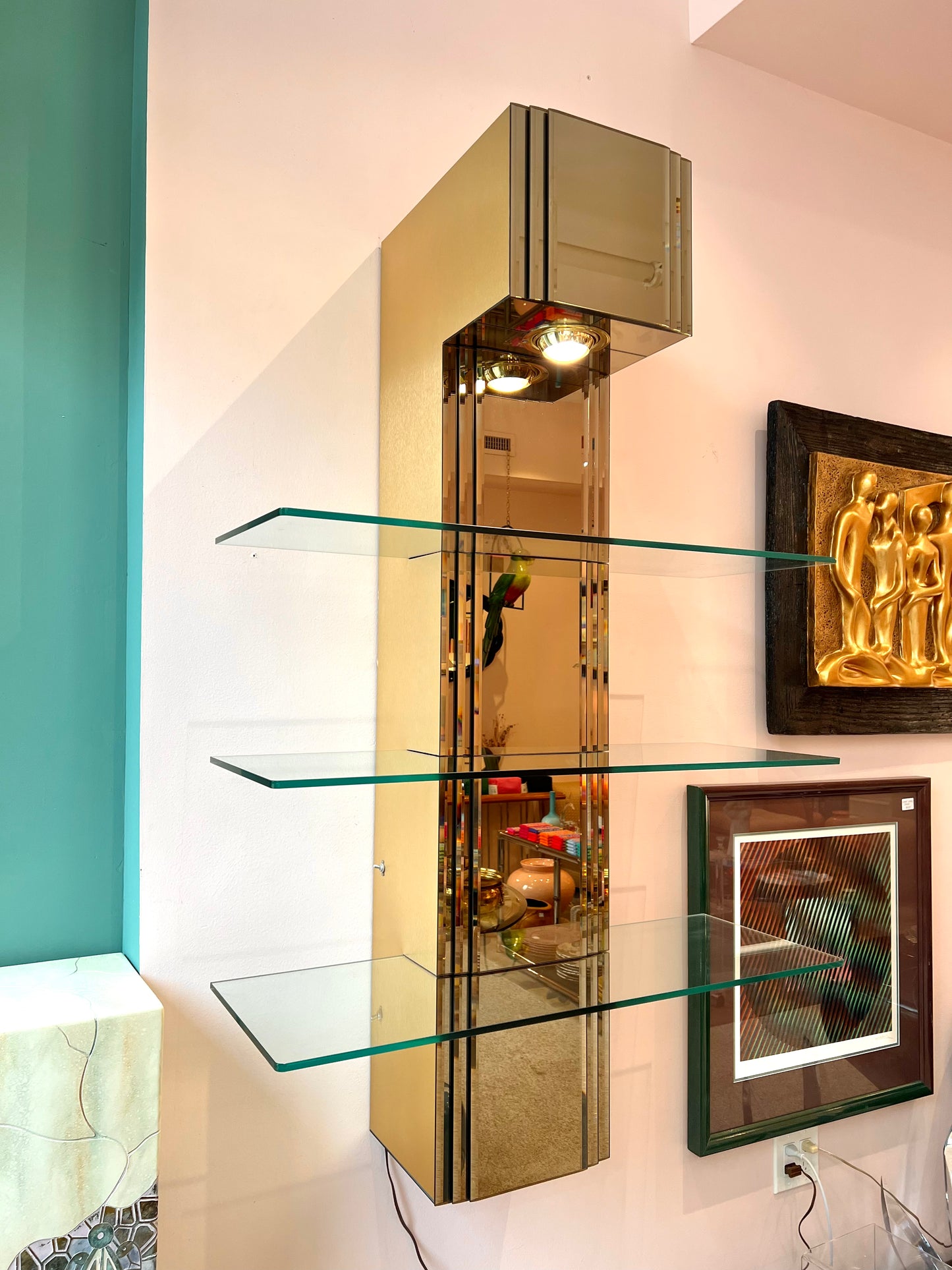 Vintage Paul Evans Style Bronze Mirrored Light Up Floating Shelves