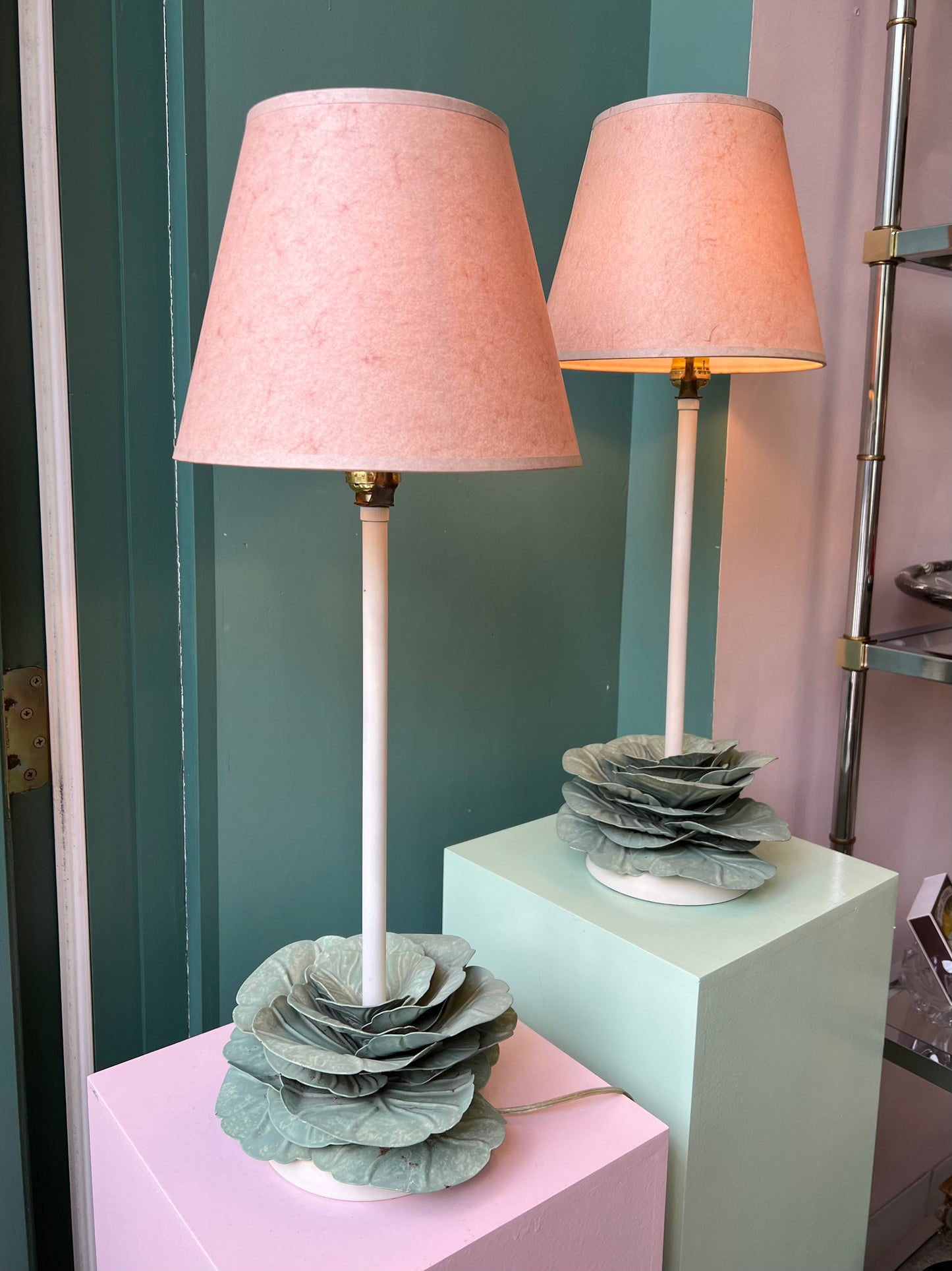 Pair of Vintage Metal Cabbage Lamps with Blush Shades