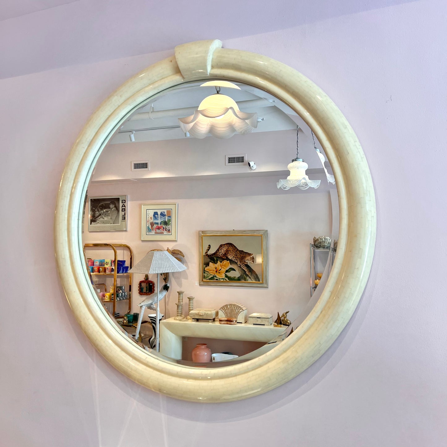 Vintage Extra Large Circular Tessellated Bone Mirror by Enrique Garcel