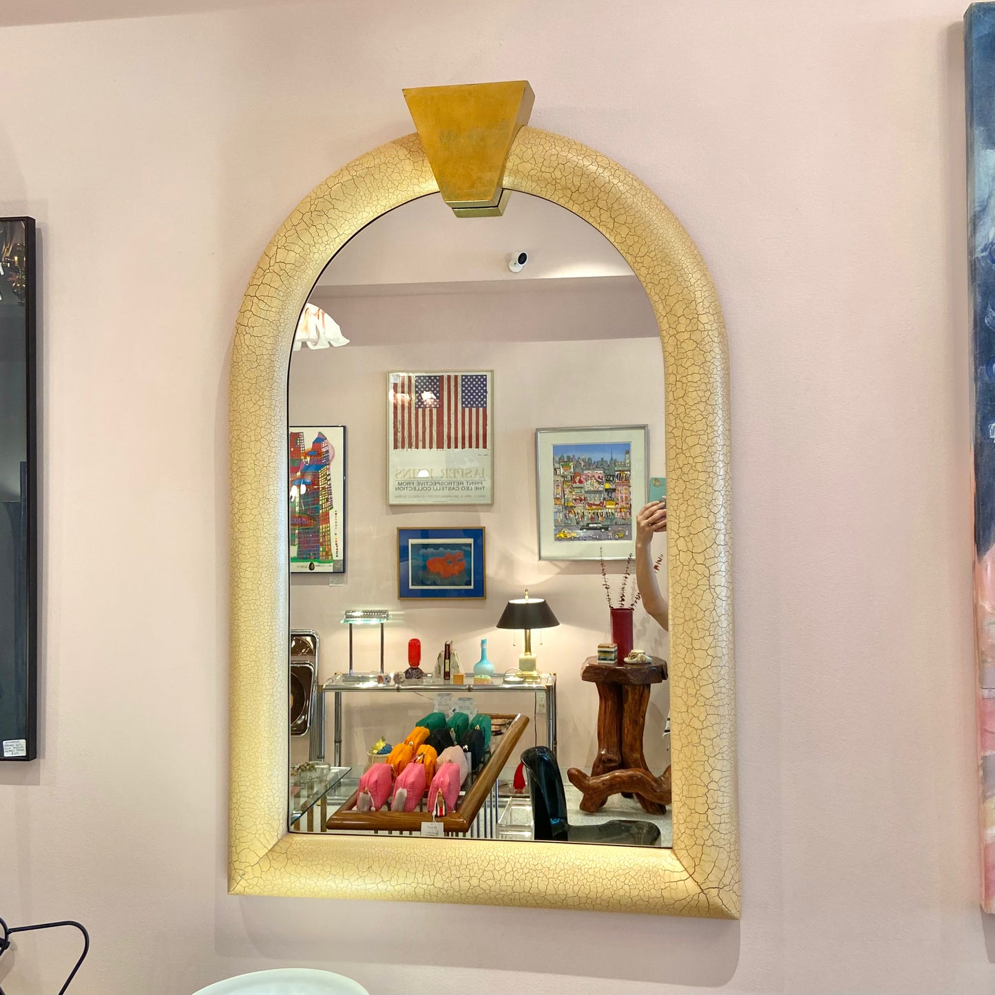 Large Vintage Karl Springer Style Crackle Paint and Gold Leaf Mirror