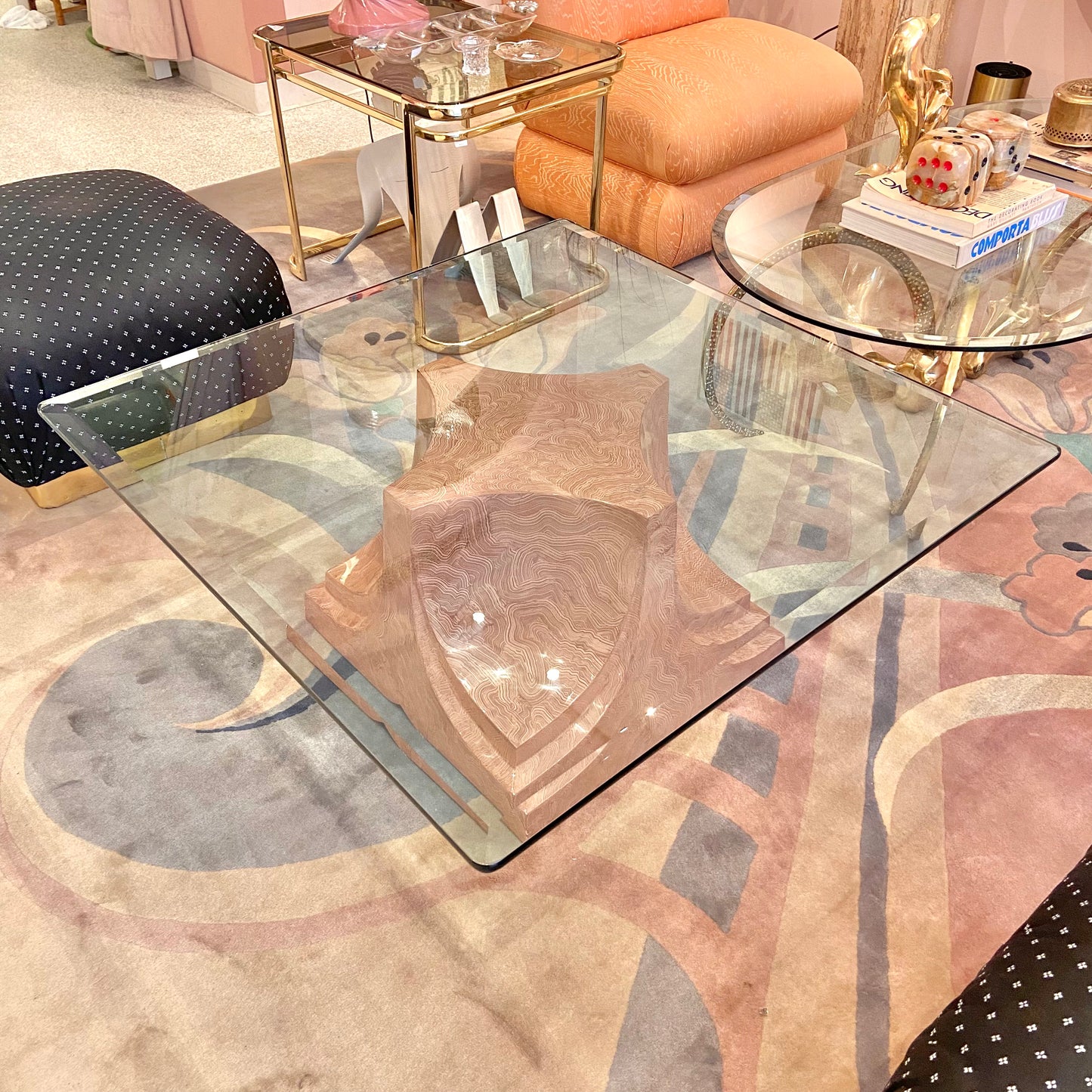 Vintage Square Fiberglass Faux Stone Swirl Base Coffee Table