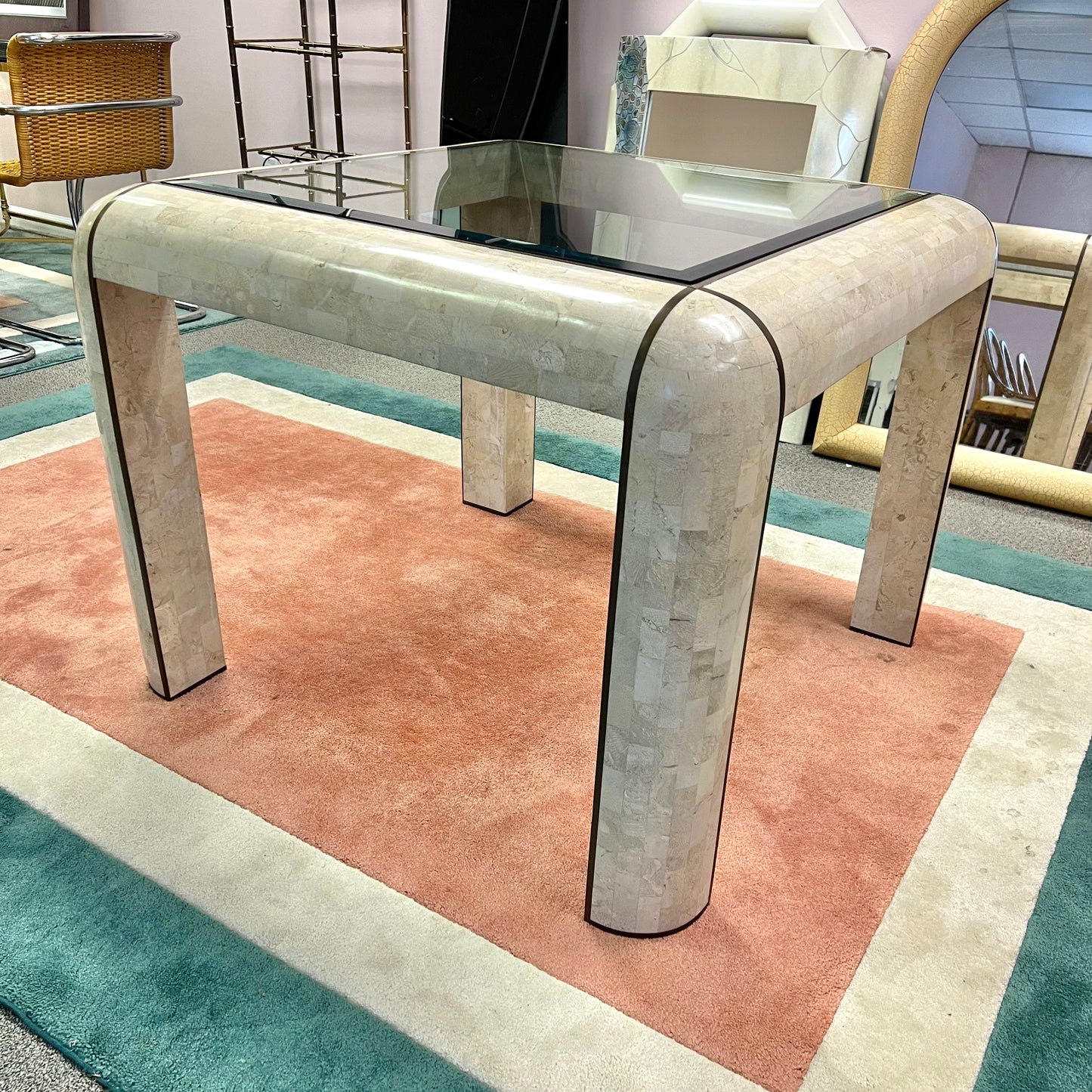 Vintage Tessellated Stone, Glass and Brass Inlay Square Dining Table