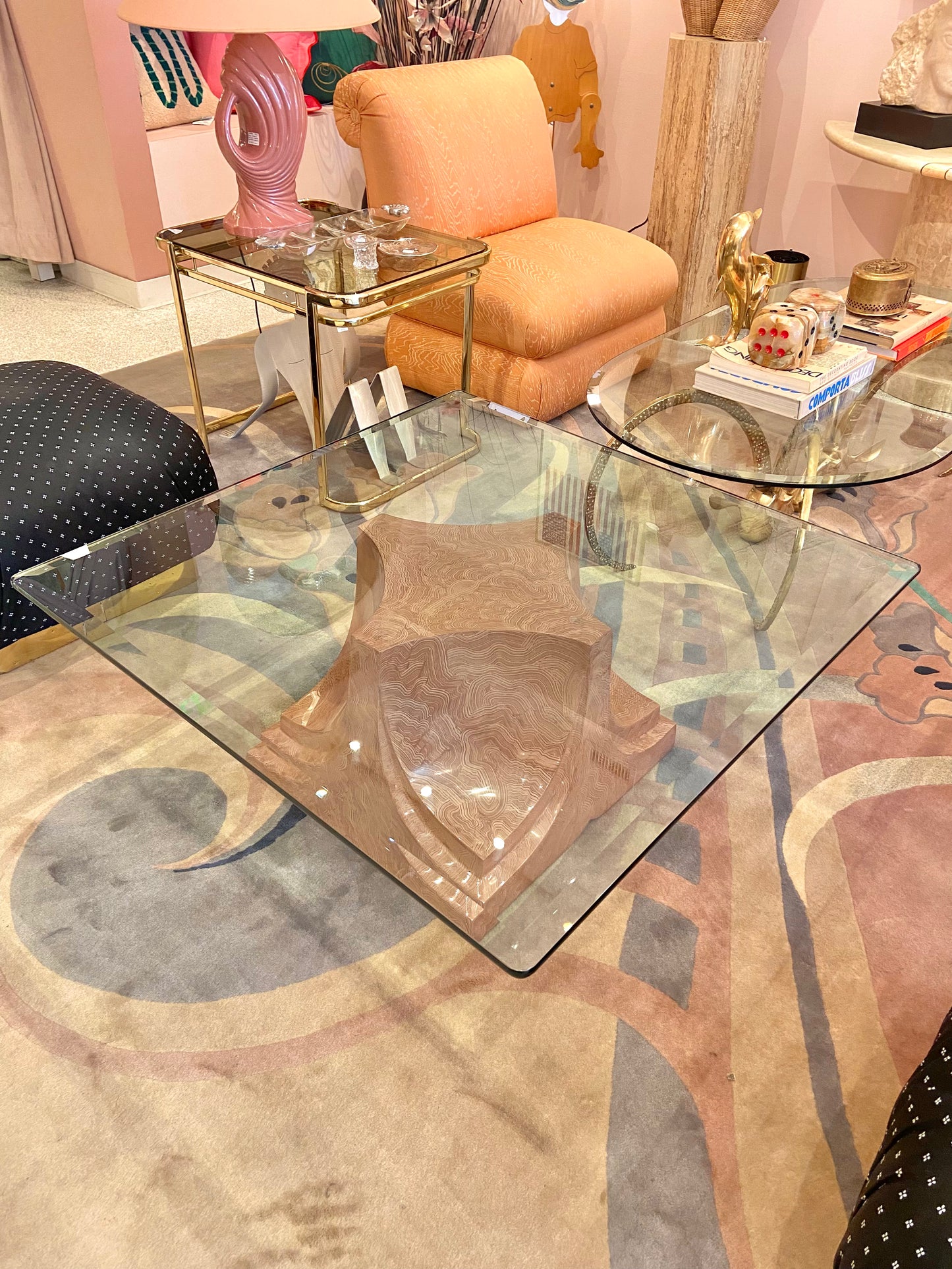 Vintage Square Fiberglass Faux Stone Swirl Base Coffee Table