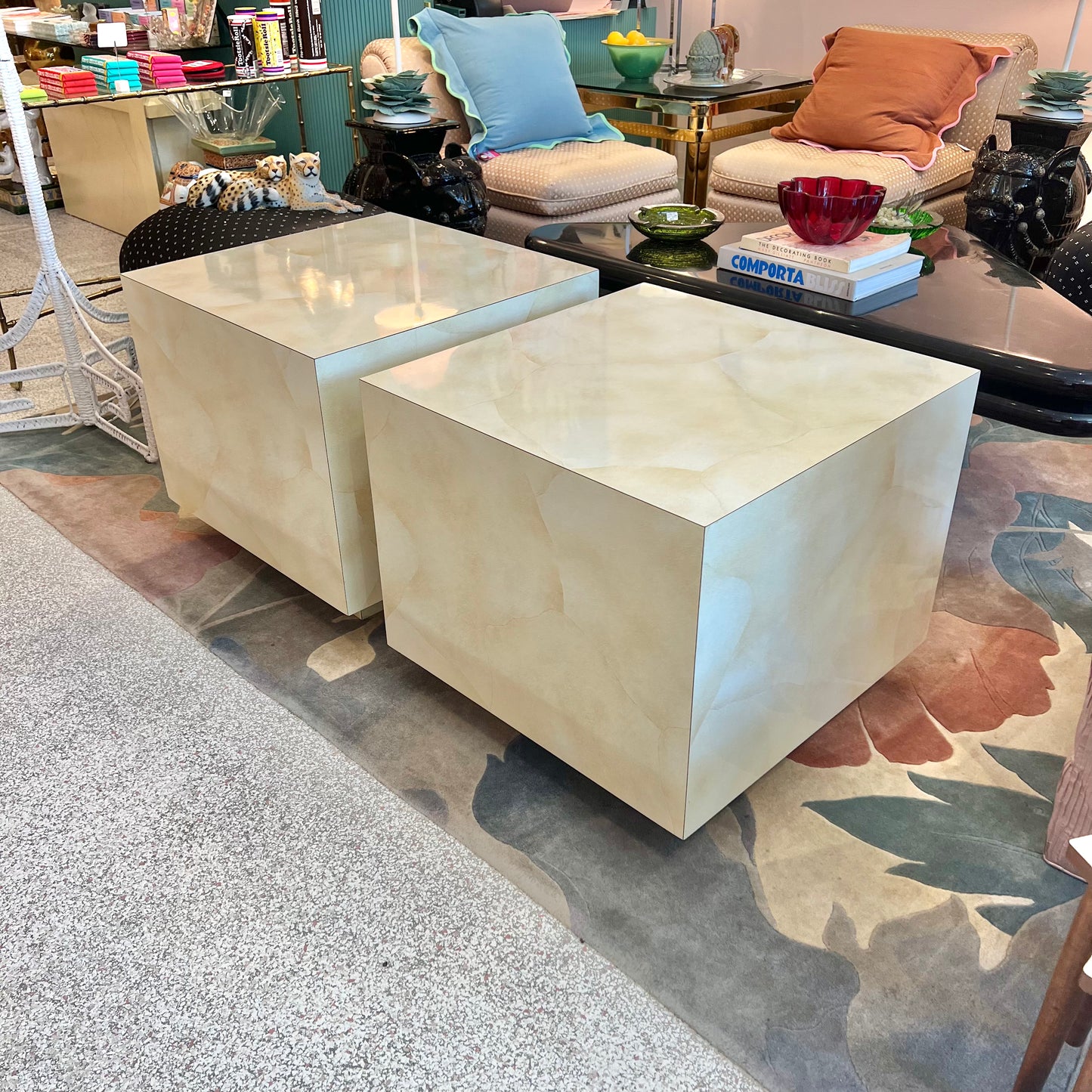1980's Faux Goatskin Laminate Cube Side Table/item