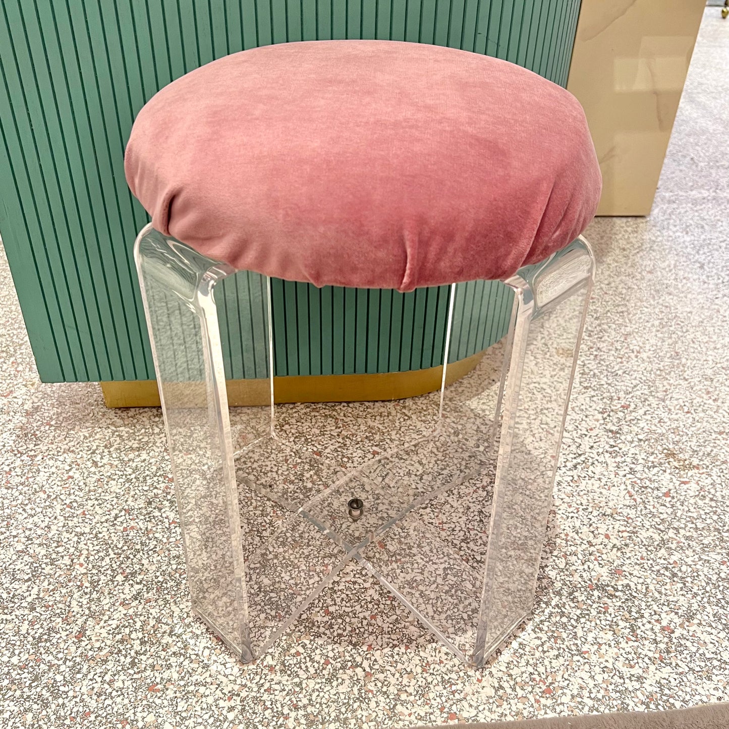 Vintage Lucite and Pink Velvet Vanity Stool