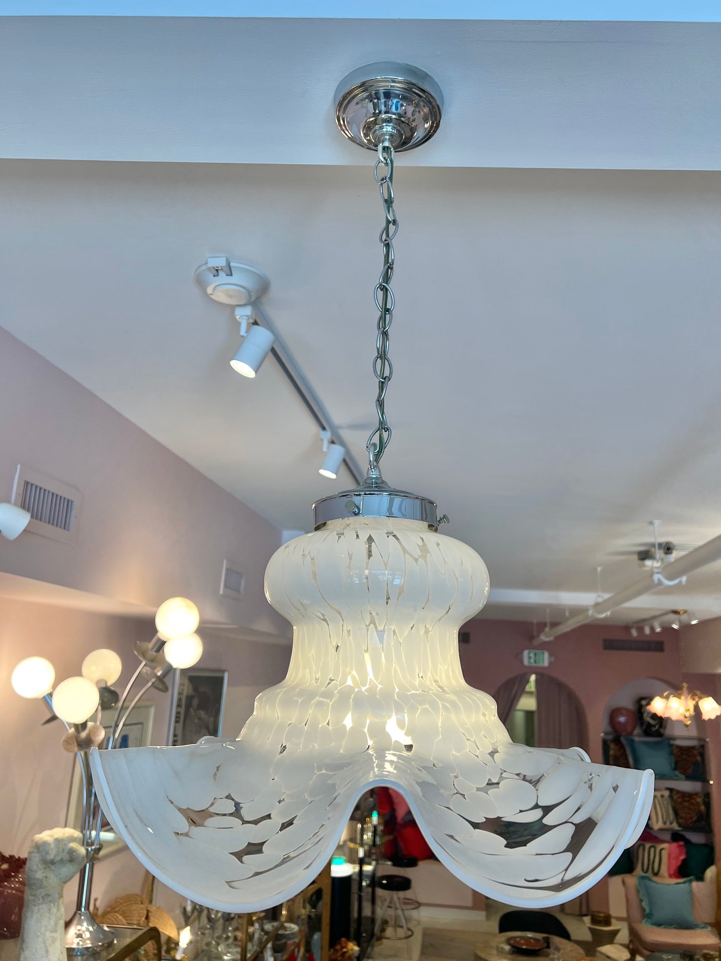 Vintage Carlo Nason Style Murano Glass White Frosted Pendant Chandelier
