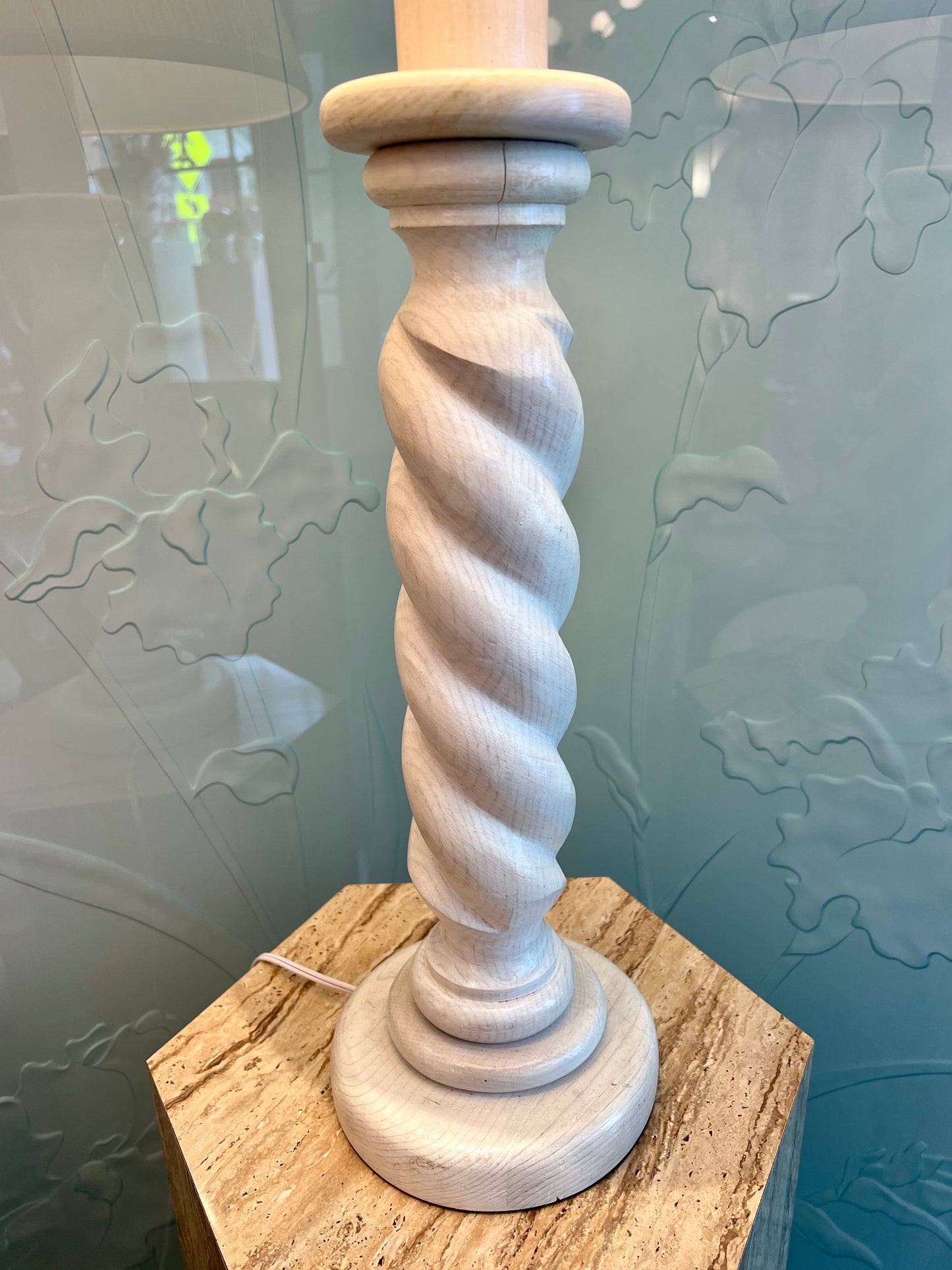 Vintage Spiral Base White Washed Wooden Lamp